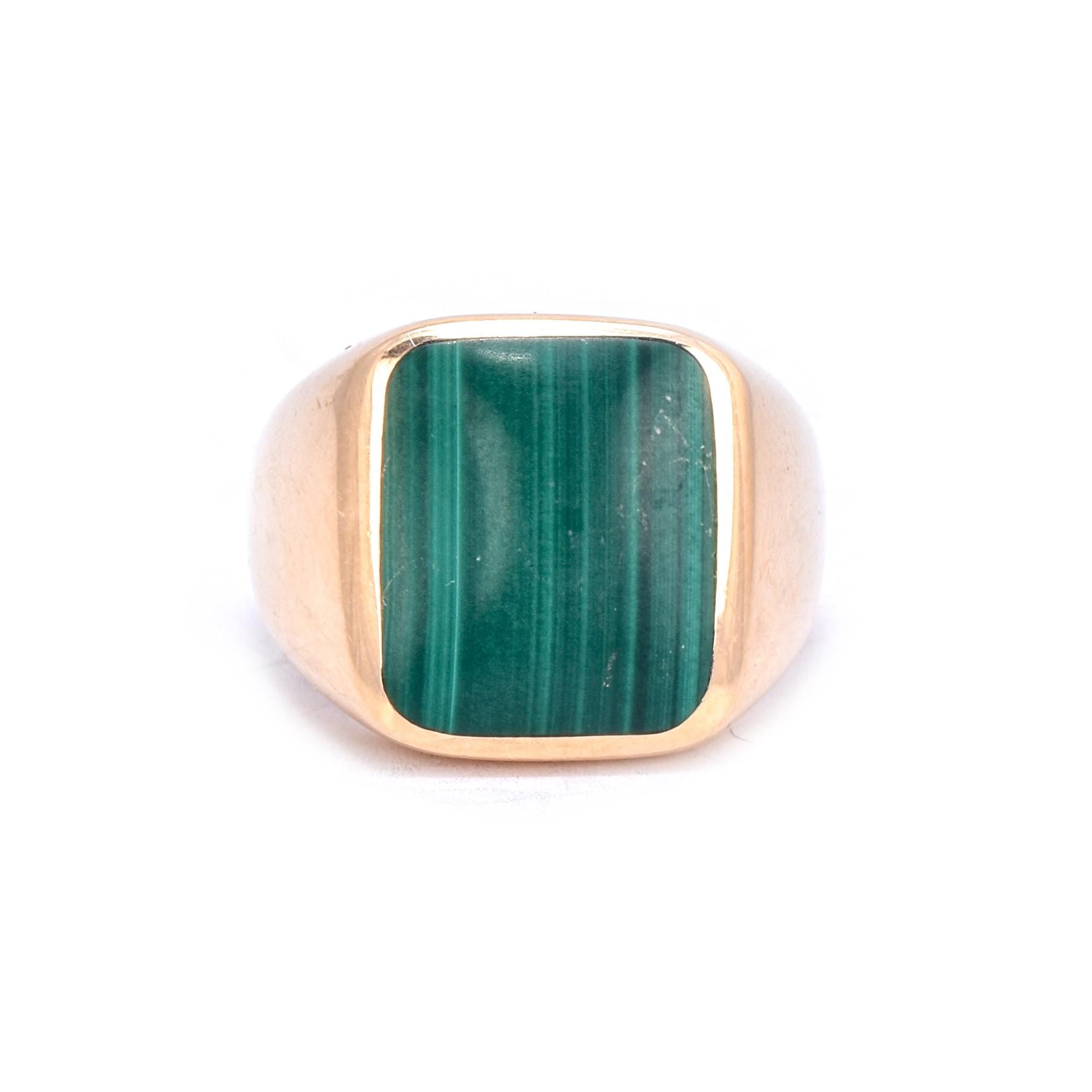 14K Gold Mens Malachite Signet Ring