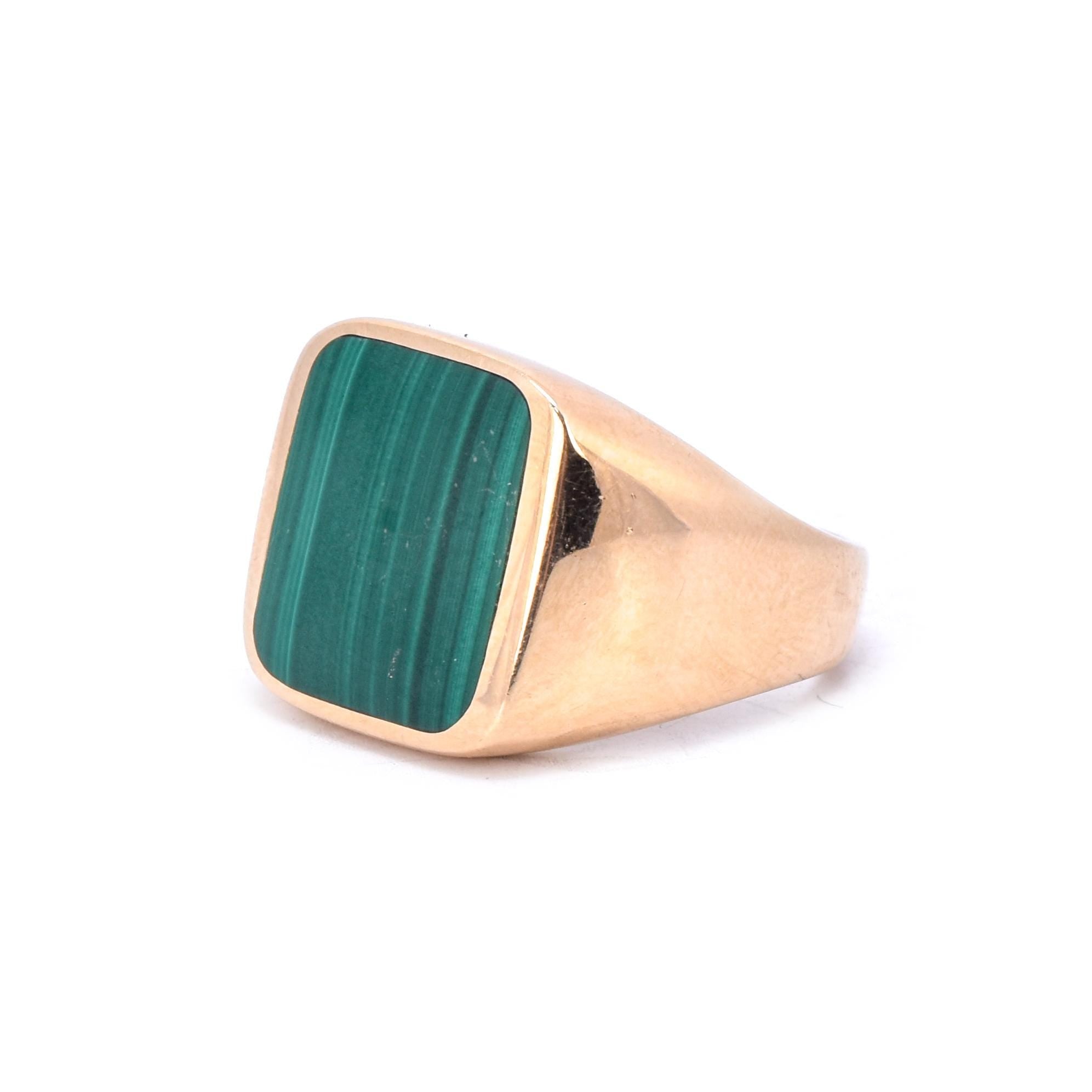 14K Gold Mens Malachite Signet Ring