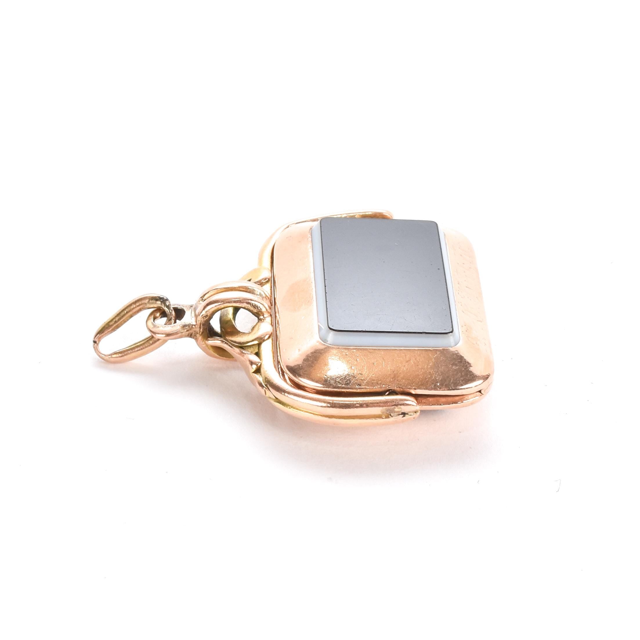 14K Gold Black Onyx and Carnelian Spinner Fob Locket