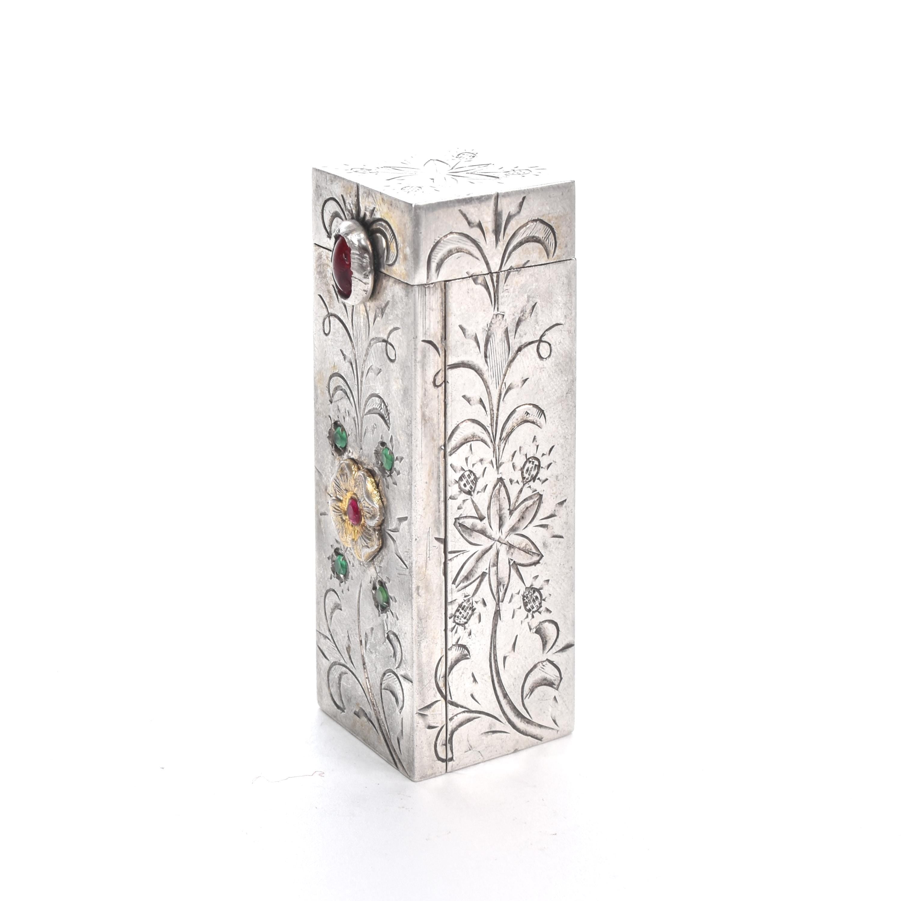 Italian 800 Silver Refillable Etched Lipstick Tube with Mirror