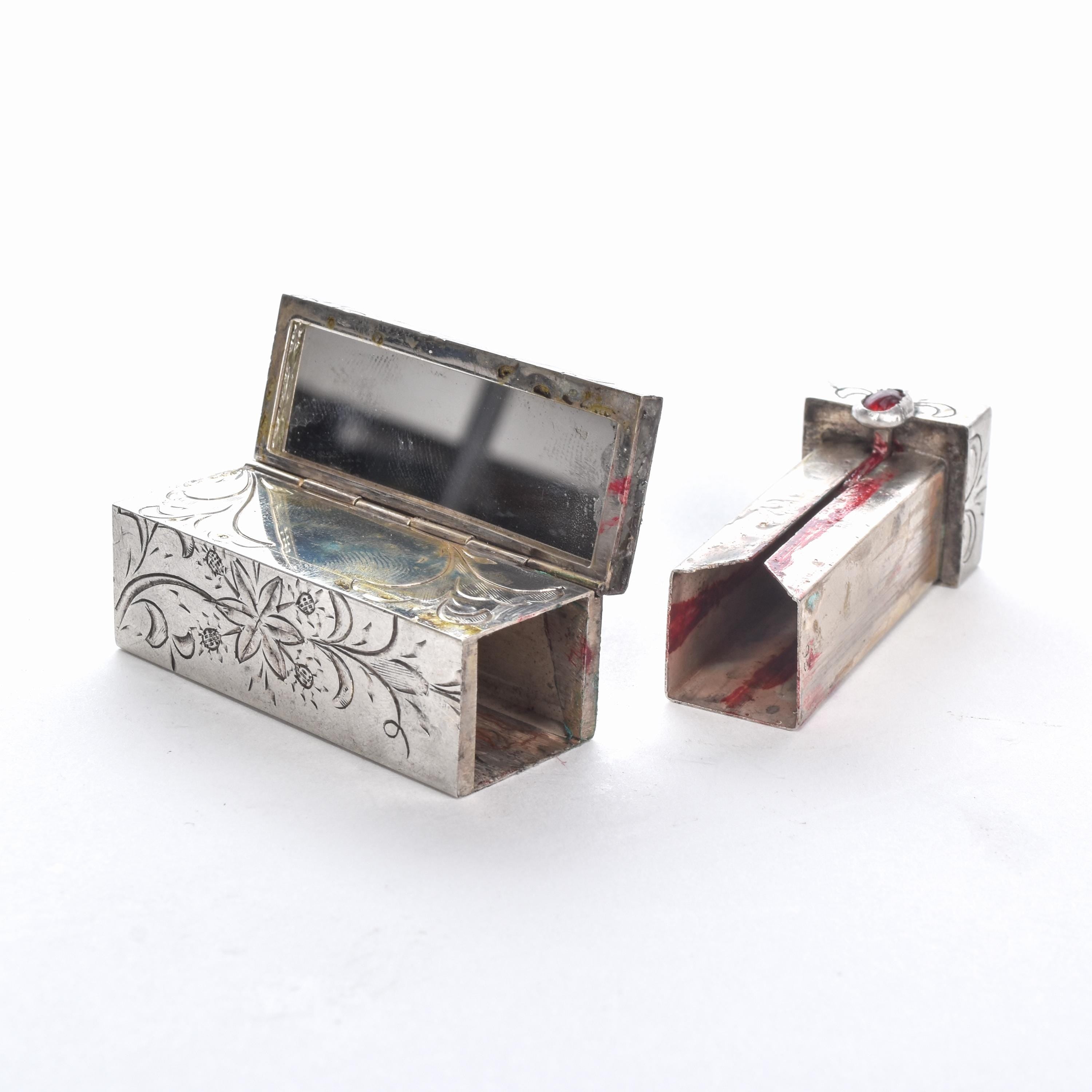 Italian 800 Silver Refillable Etched Lipstick Tube with Mirror