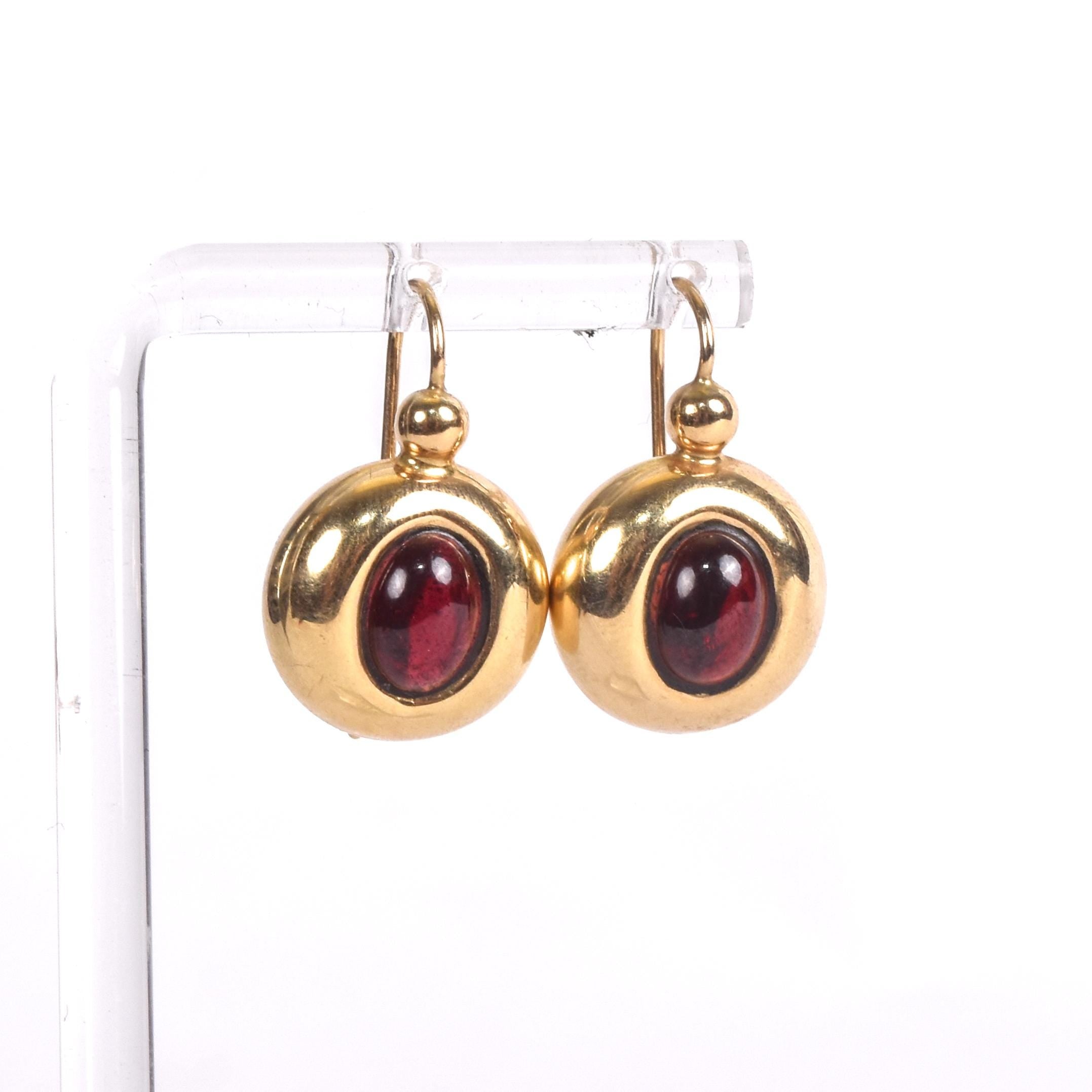 14K Gold and Garnet Cabochon Drop Earrings