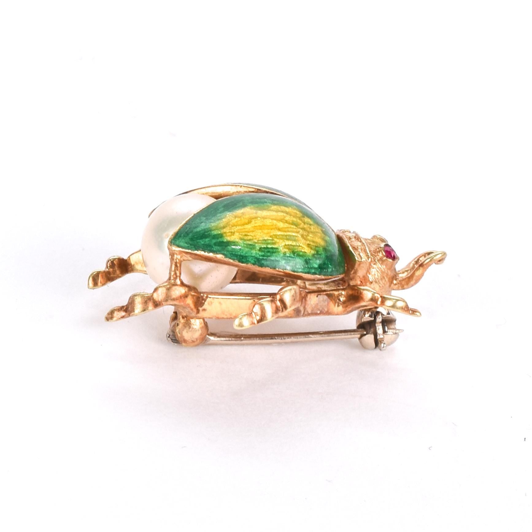 14K Gold, Ruby, Pearl, and Enamel Beetle Brooch