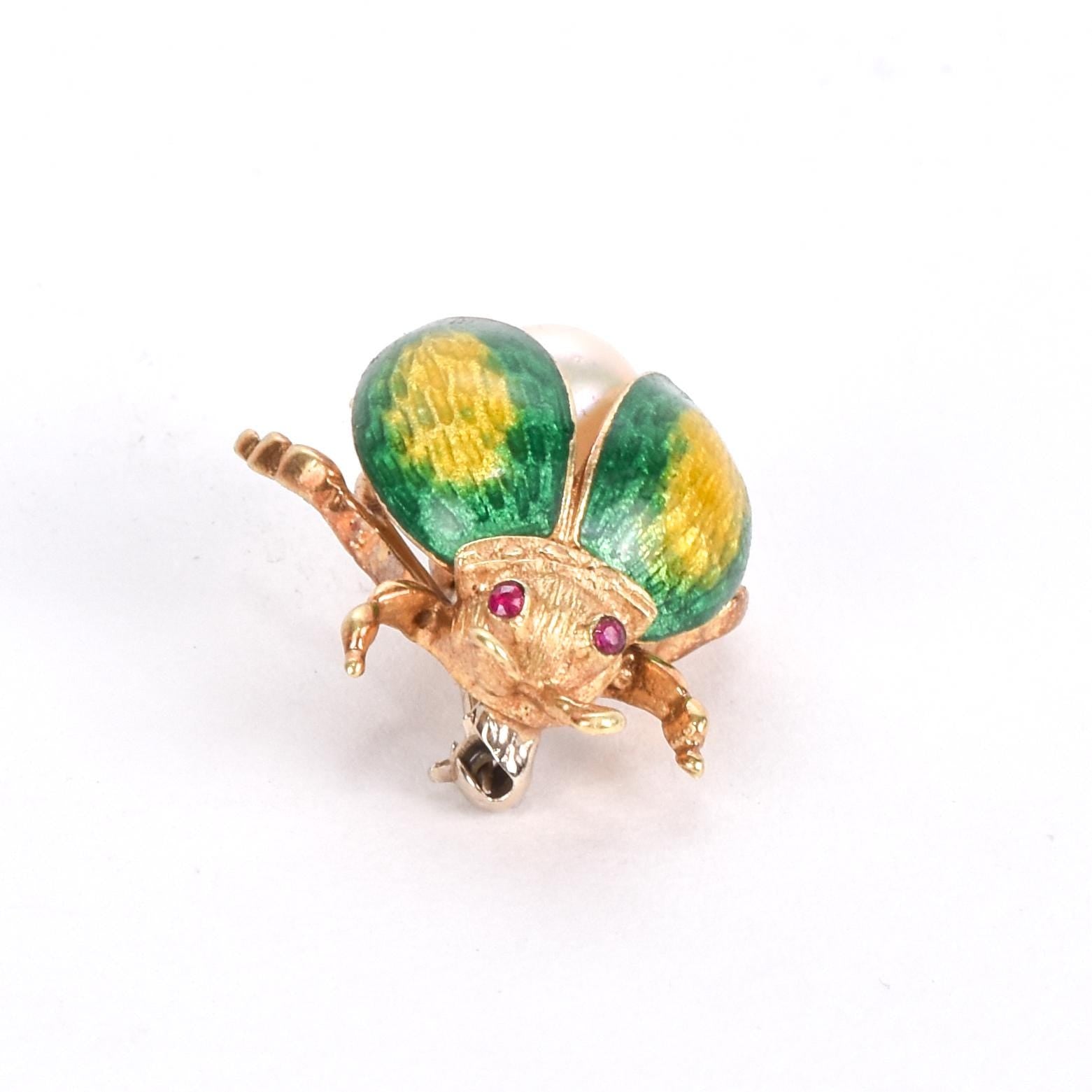 14K Gold, Ruby, Pearl, and Enamel Beetle Brooch