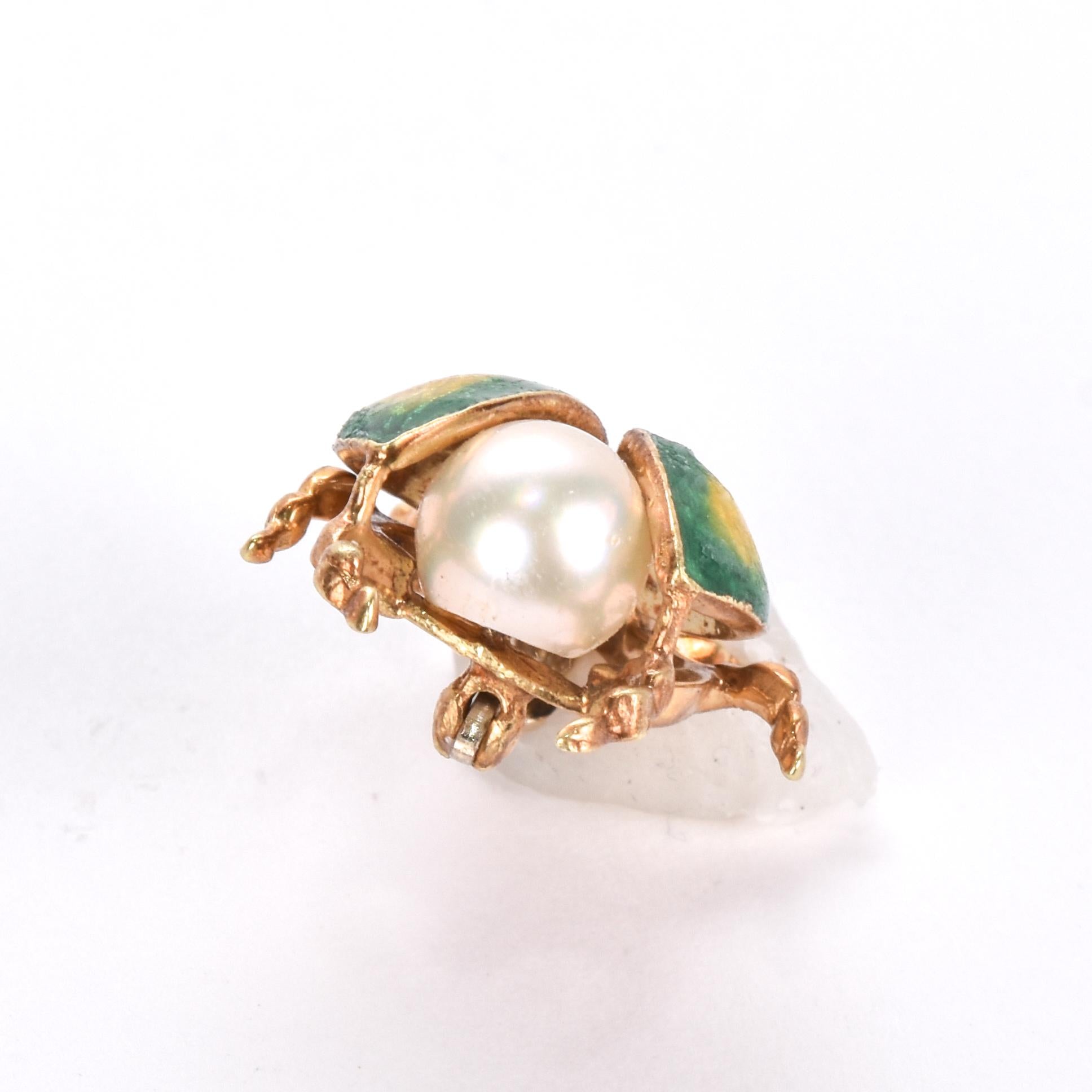 14K Gold, Ruby, Pearl, and Enamel Beetle Brooch