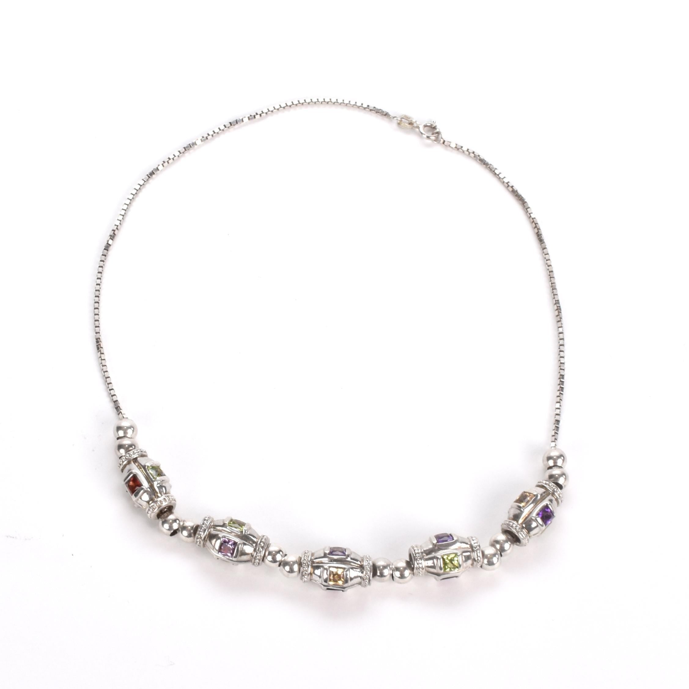 Sterling Silver Multi-Gemstone Metal Barrel Bead Necklace