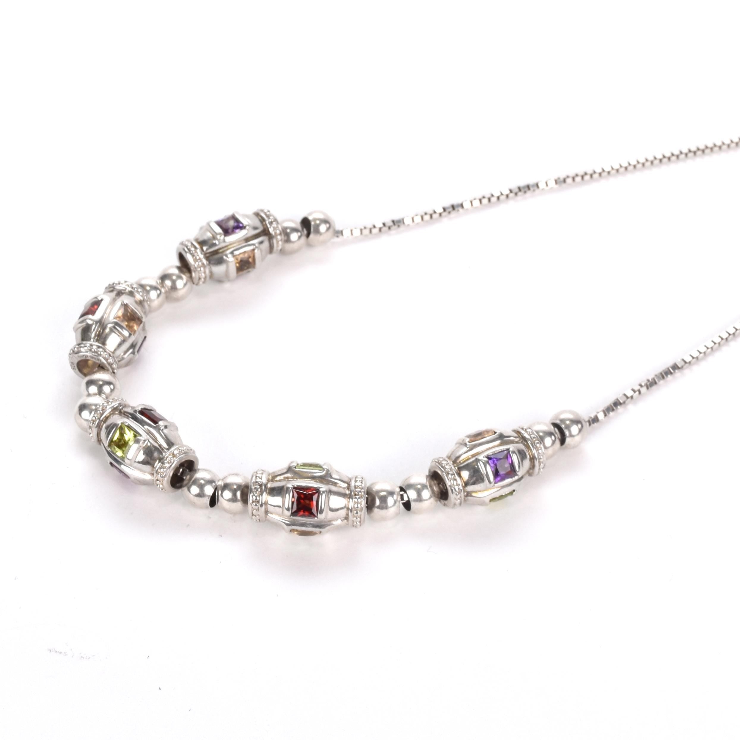 Sterling Silver Multi-Gemstone Metal Barrel Bead Necklace