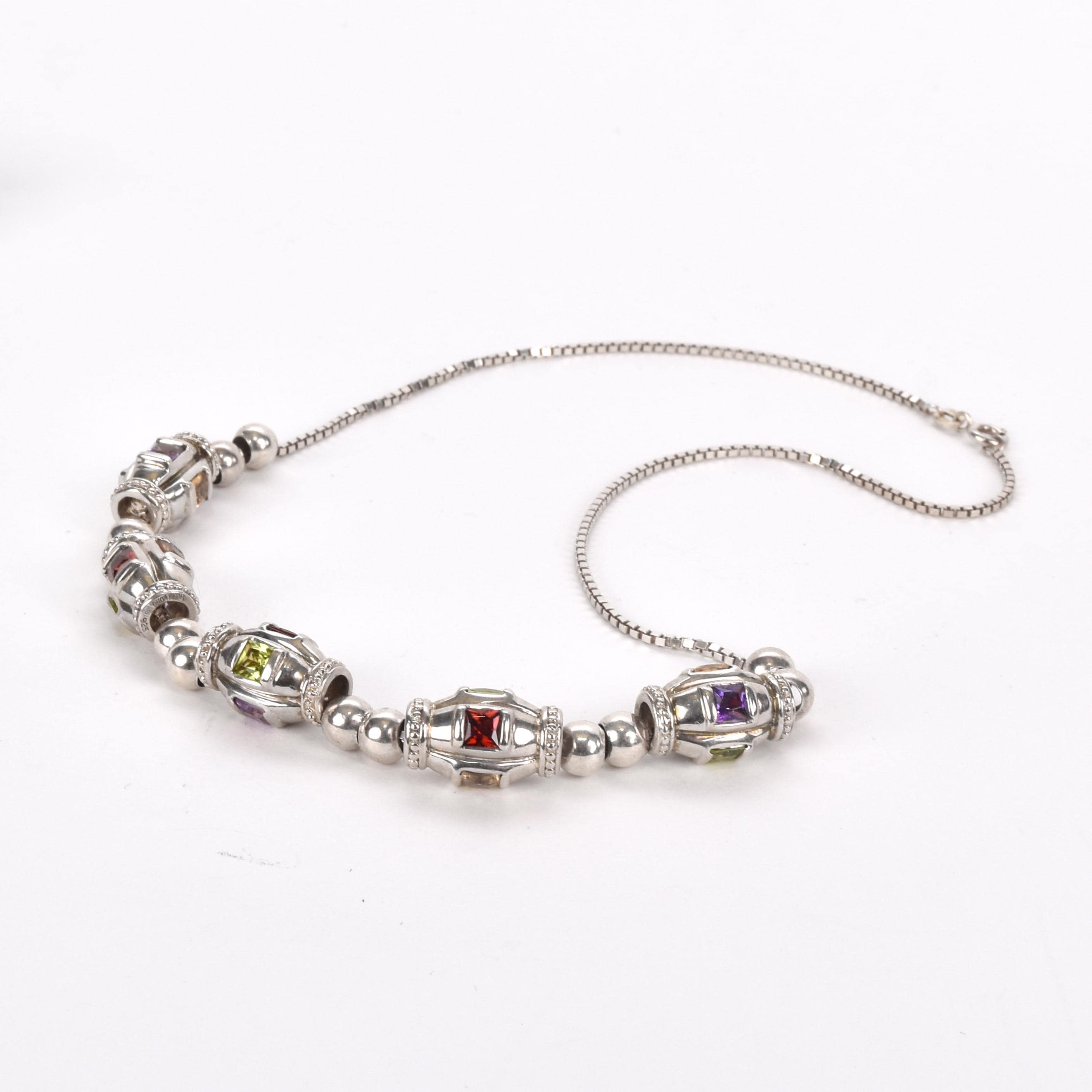 Sterling Silver Multi-Gemstone Metal Barrel Bead Necklace