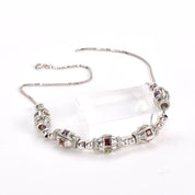 Sterling Silver Multi-Gemstone Metal Barrel Bead Necklace