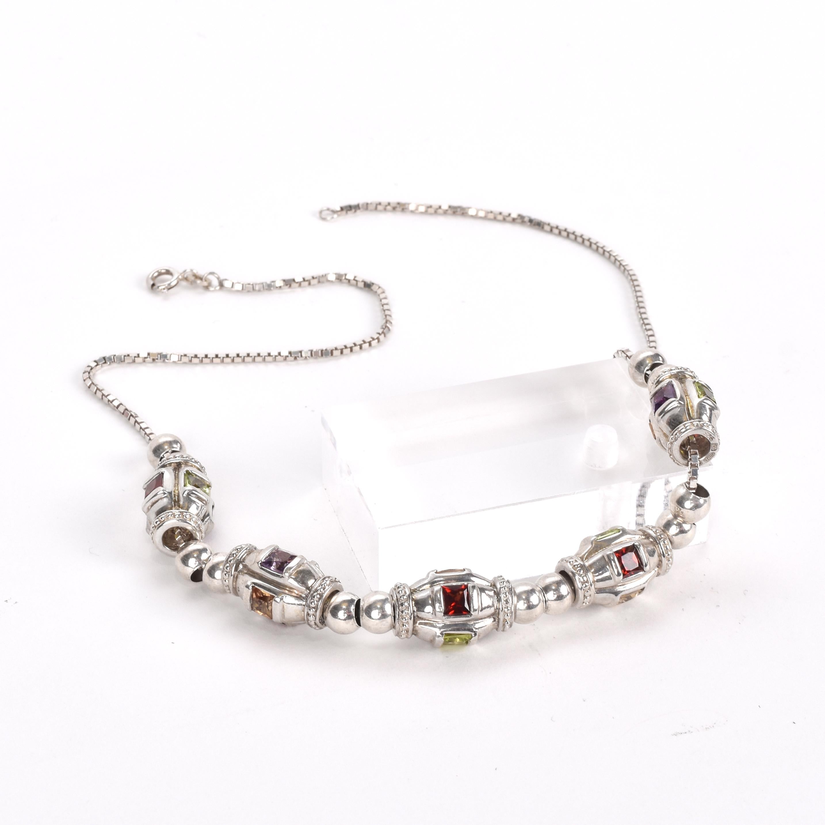 Sterling Silver Multi-Gemstone Metal Barrel Bead Necklace