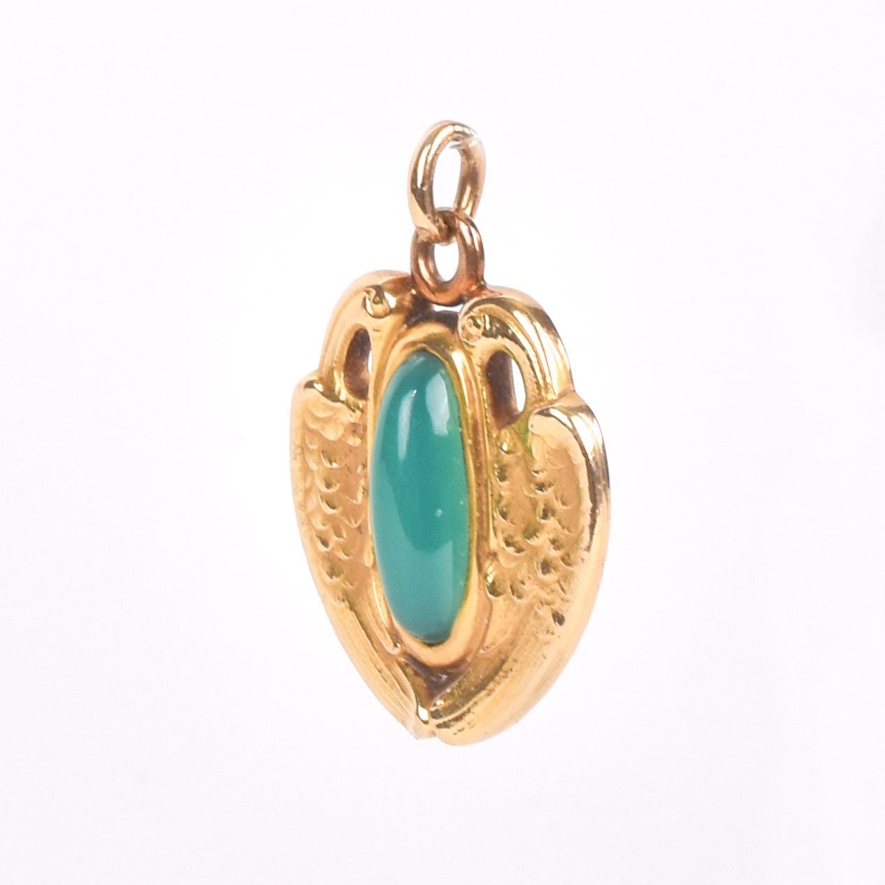 14K Gold and Green Chrysoprase Pendant with Winged Swans