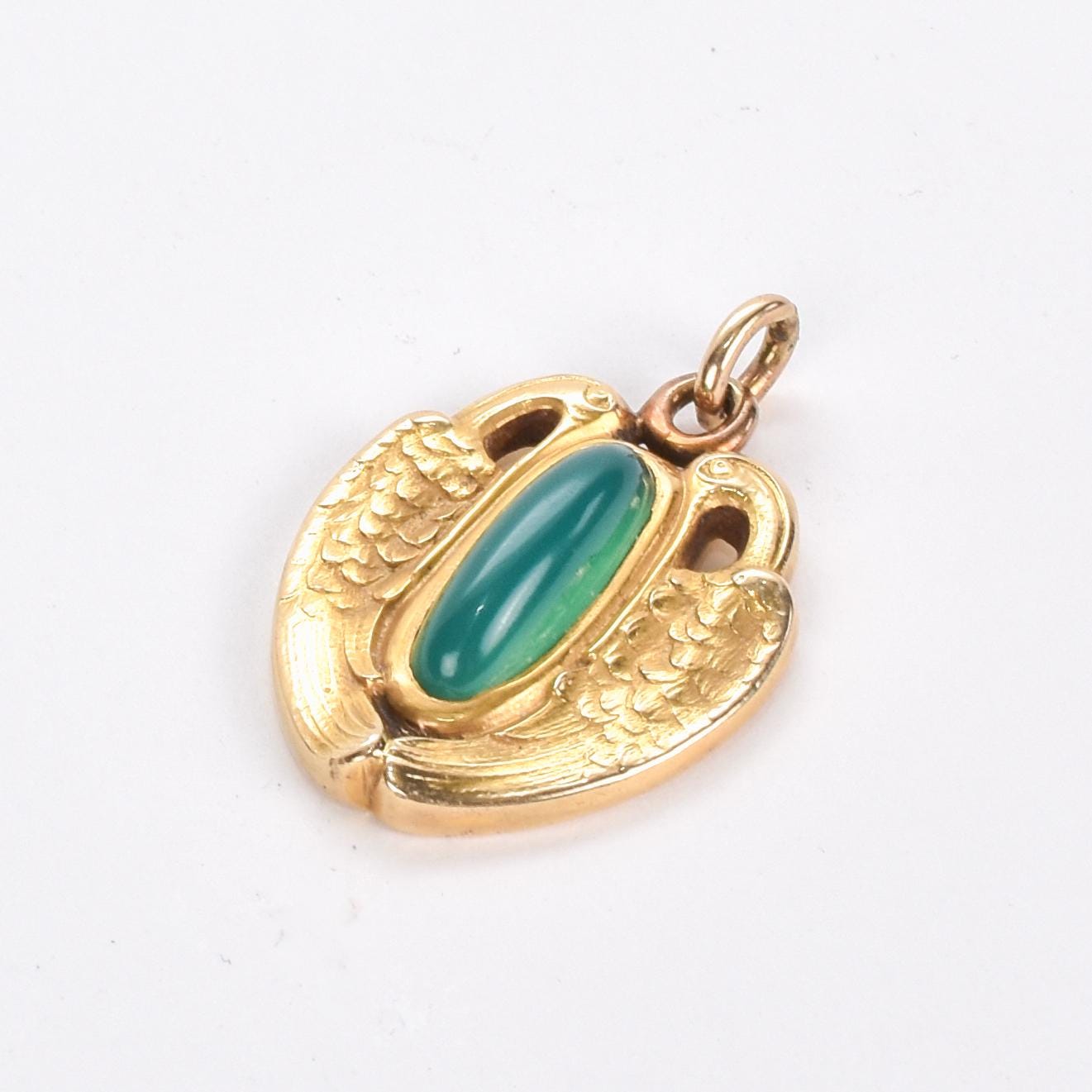 14K Gold and Green Chrysoprase Pendant with Winged Swans
