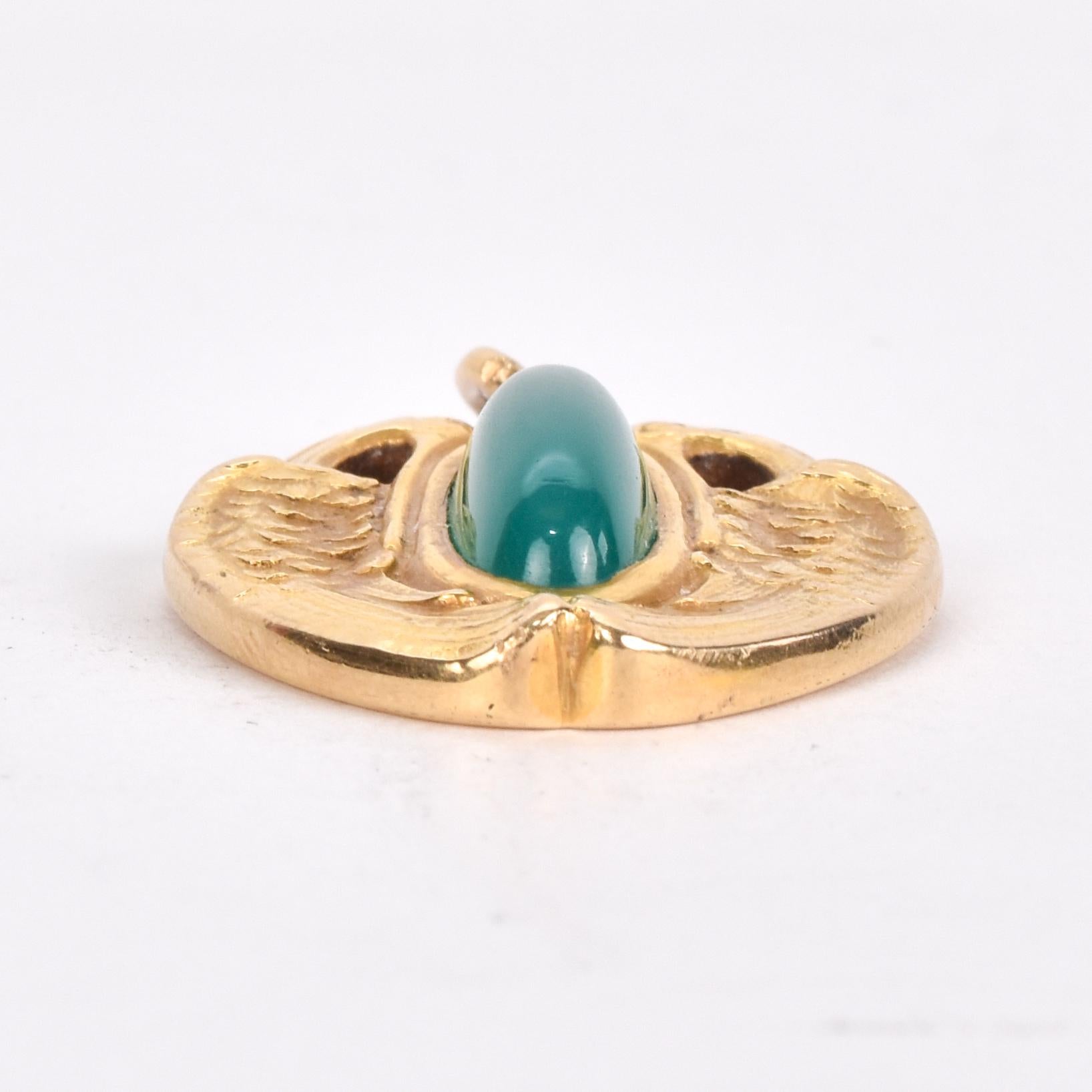 14K Gold and Green Chrysoprase Pendant with Winged Swans