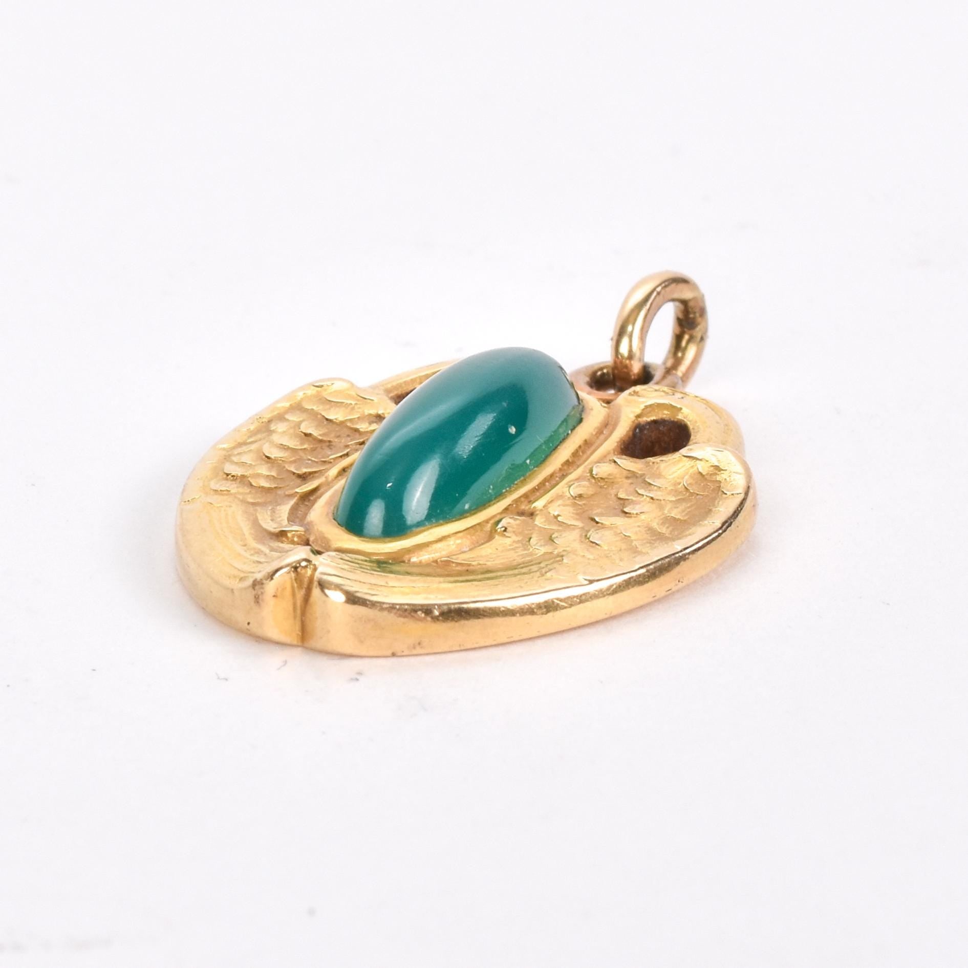 14K Gold and Green Chrysoprase Pendant with Winged Swans