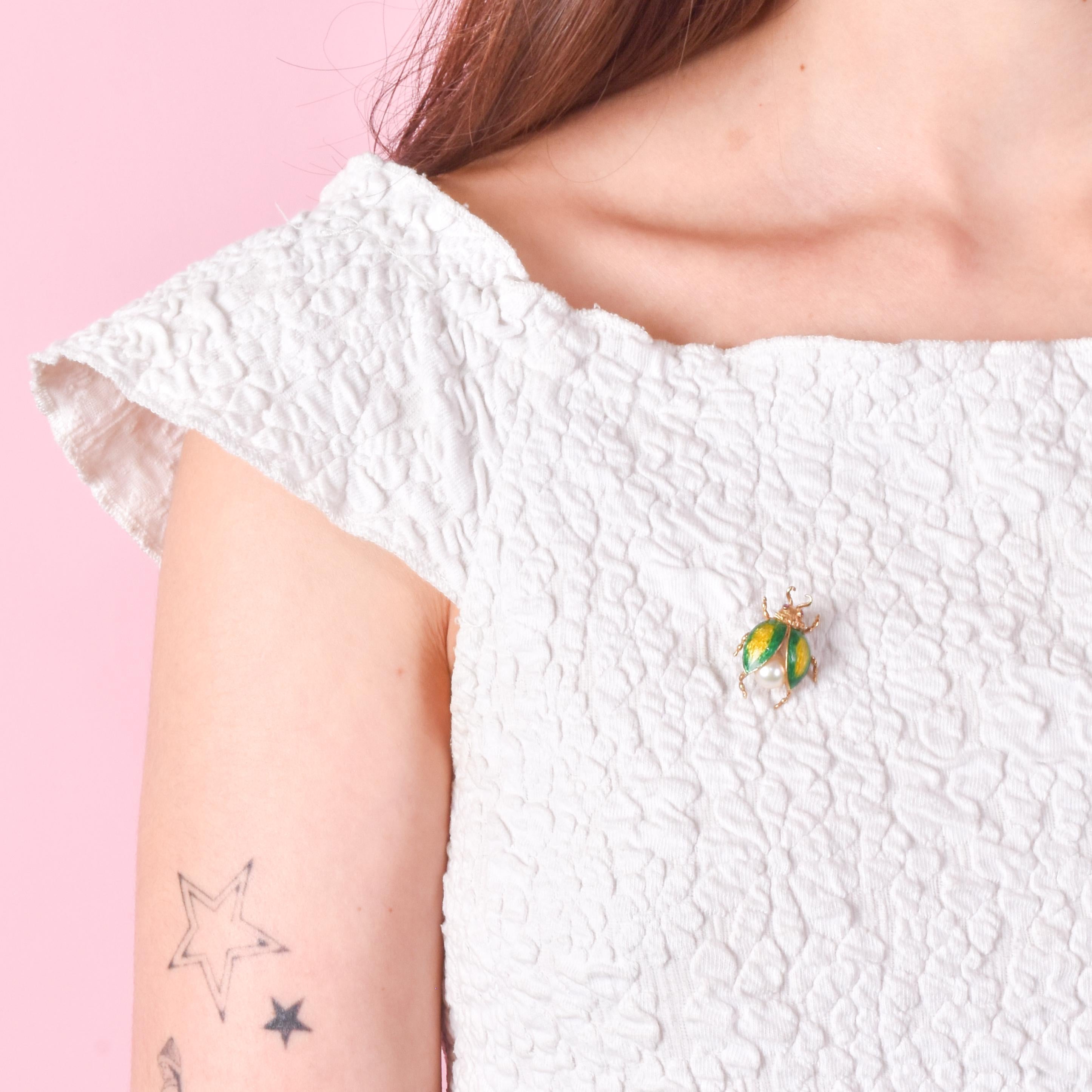 14K Gold, Ruby, Pearl, and Enamel Beetle Brooch