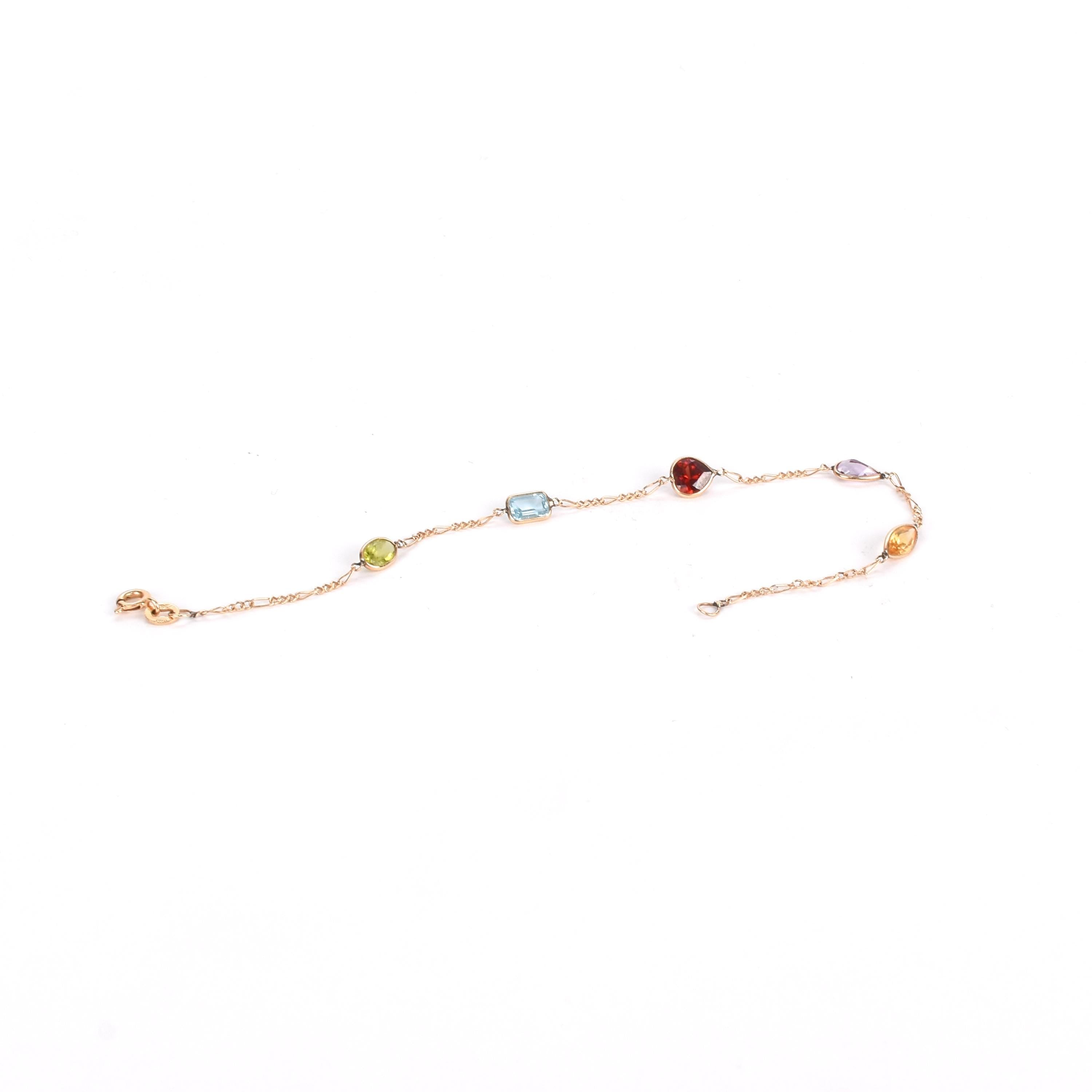 14K Gold Multi-Stone Station Bracelet on Figaro Chain