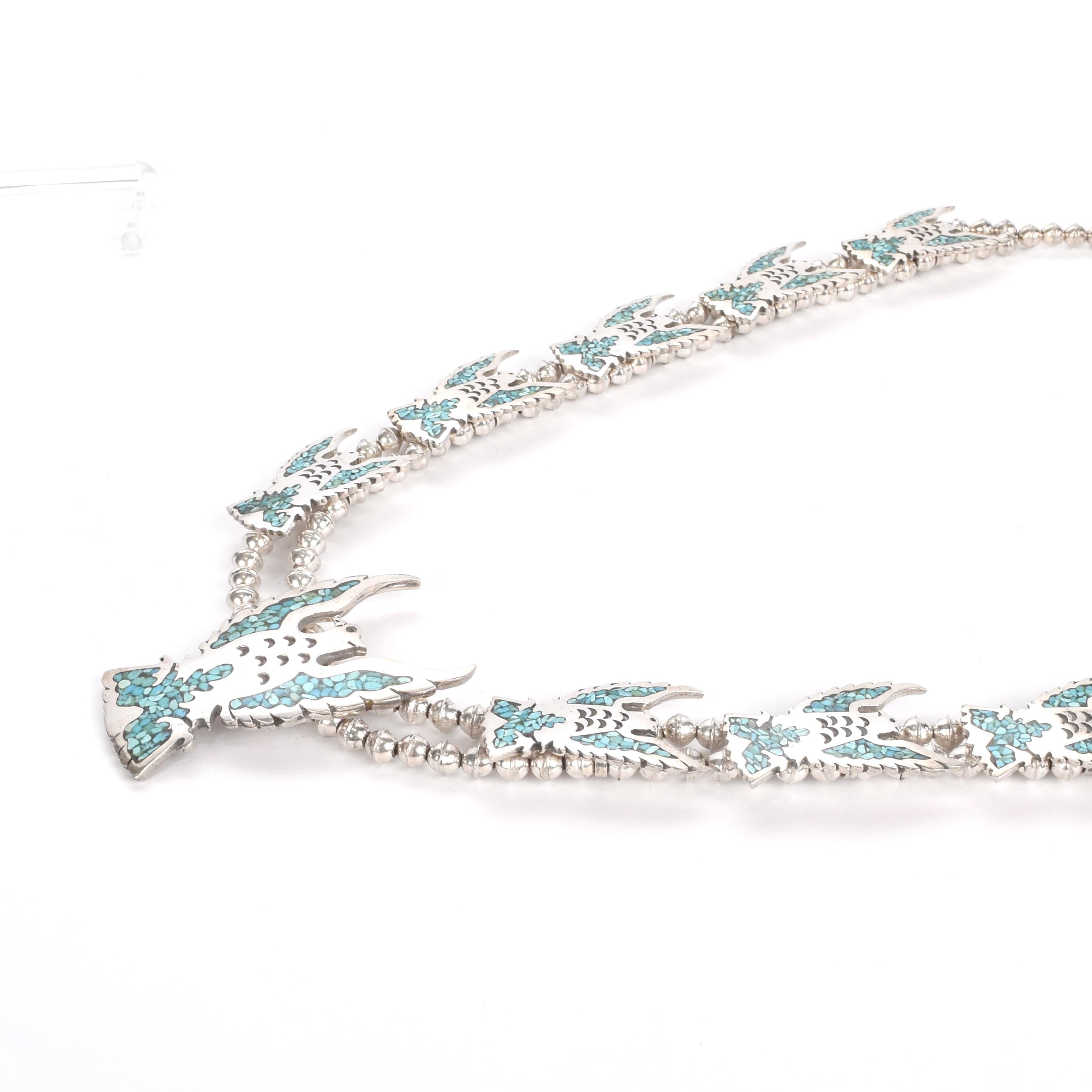1970s Sterling Silver Falcon Squash Blossom with Turquoise Chip Inlay