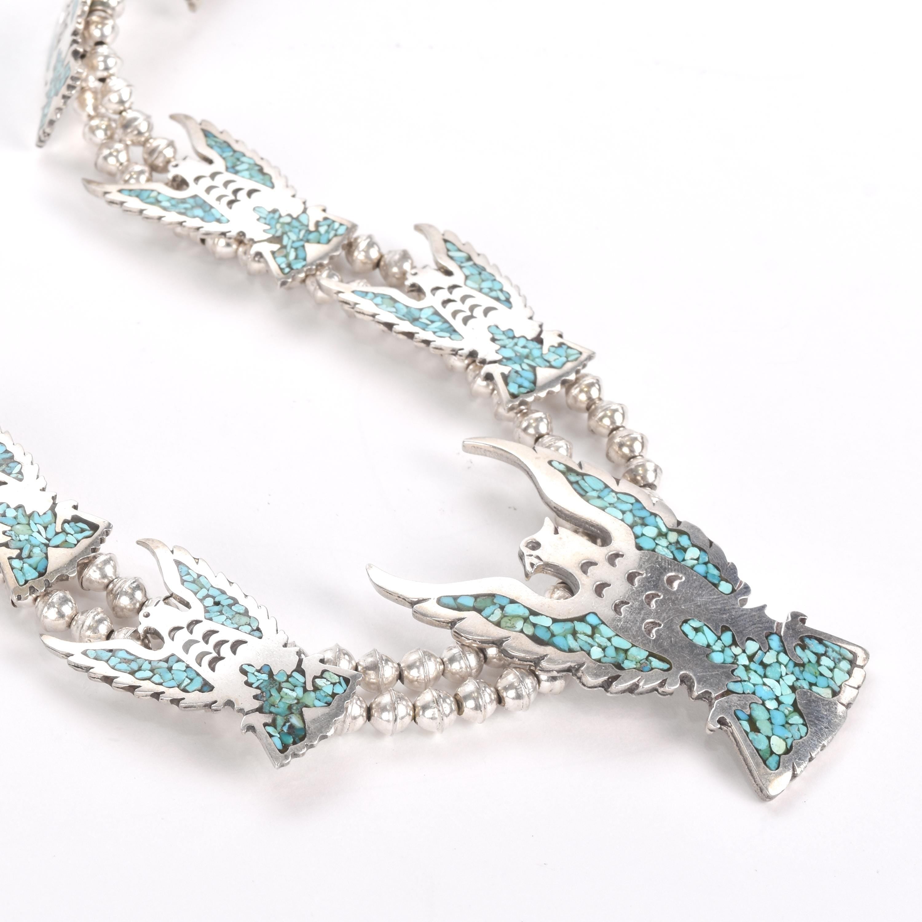 1970s Sterling Silver Falcon Squash Blossom with Turquoise Chip Inlay
