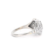 Art Deco 14K White Gold Filagree Ring with Diamonds and Emerald