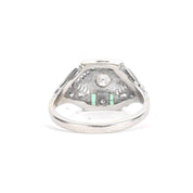 Art Deco 14K White Gold Filagree Ring with Diamonds and Emerald