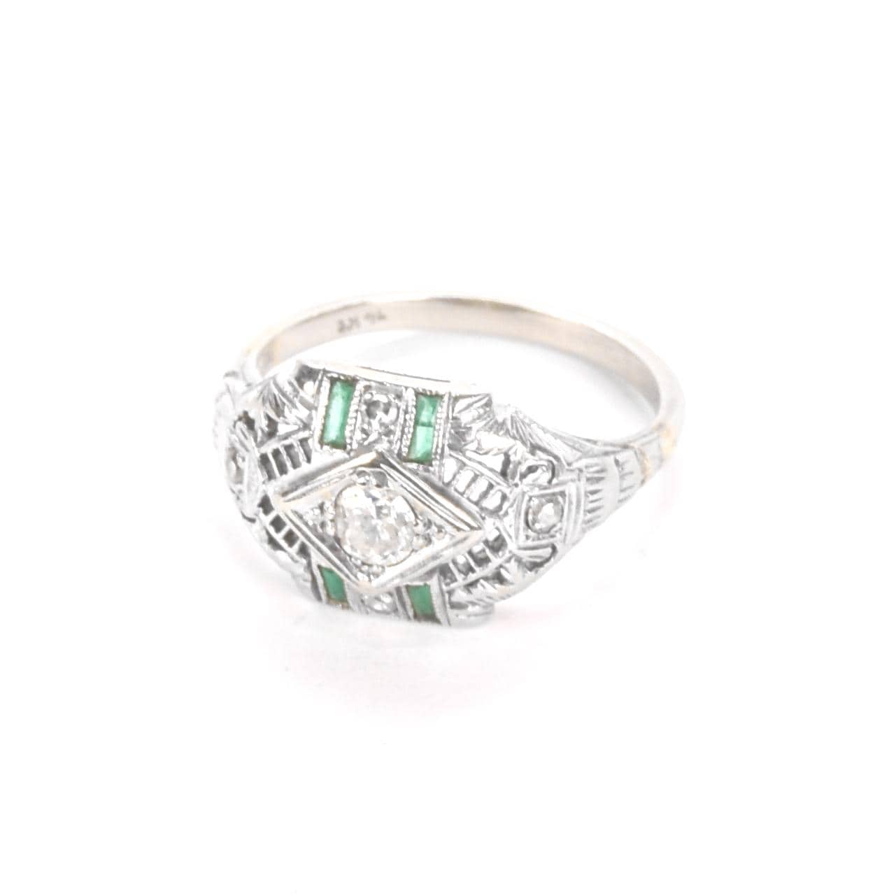 Art Deco 14K White Gold Filagree Ring with Diamonds and Emerald