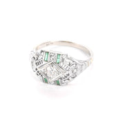 Art Deco 14K White Gold Filagree Ring with Diamonds and Emerald