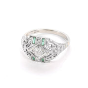 Art Deco 14K White Gold Filagree Ring with Diamonds and Emerald