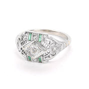 Art Deco 14K White Gold Filagree Ring with Diamonds and Emerald