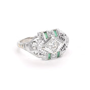Art Deco 14K White Gold Filagree Ring with Diamonds and Emerald