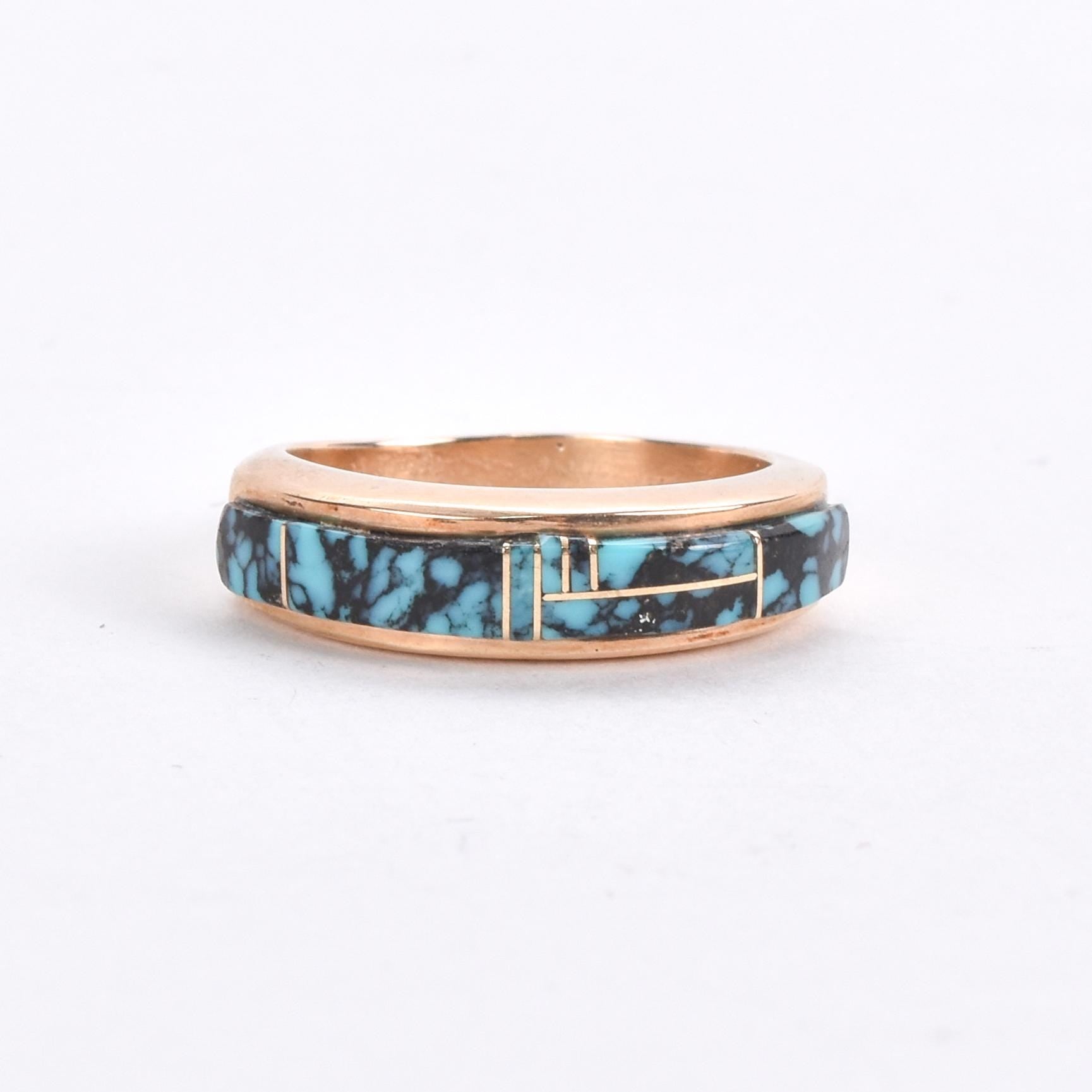 Signed 14K Gold and Inlaid Turquoise Ring