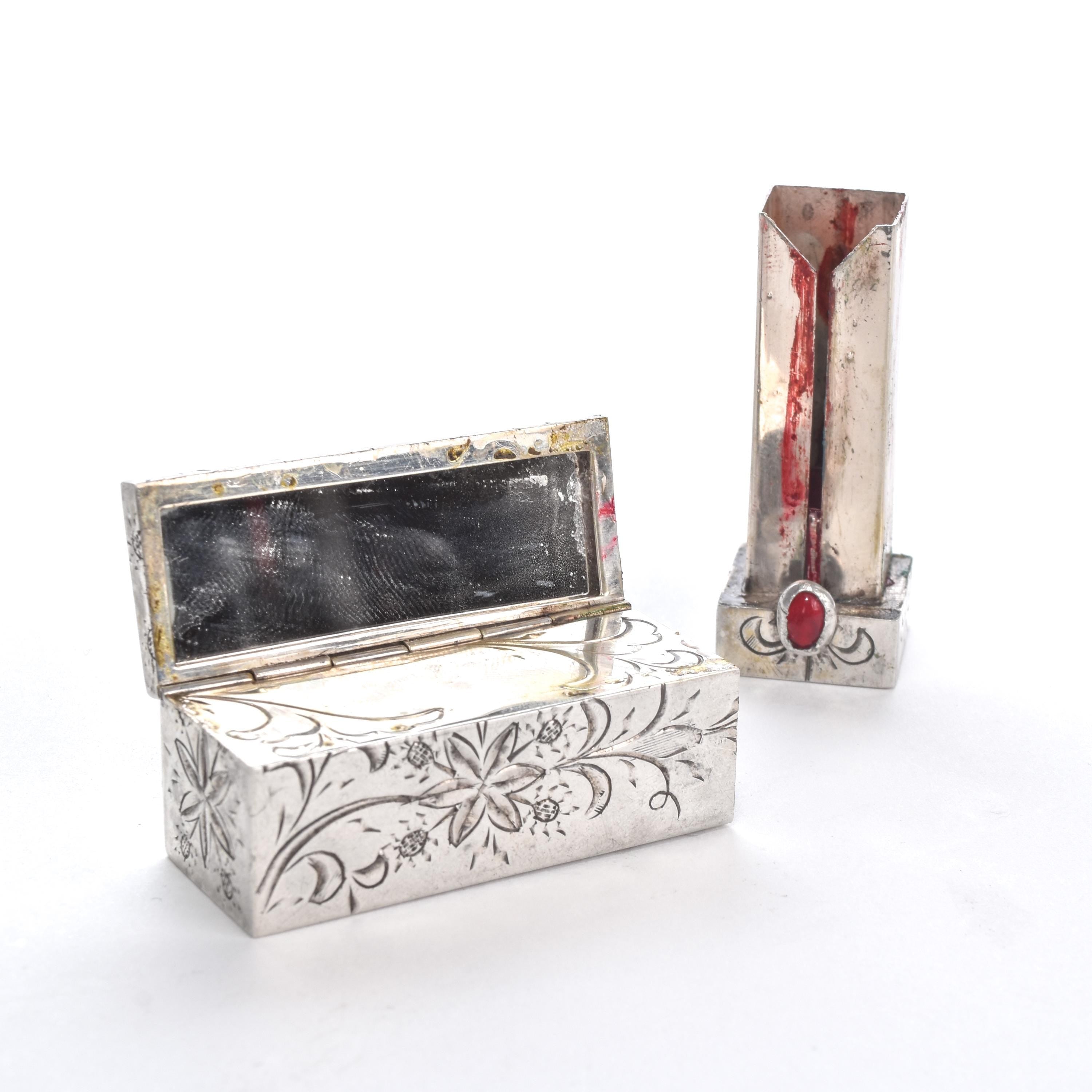 Italian 800 Silver Refillable Etched Lipstick Tube with Mirror