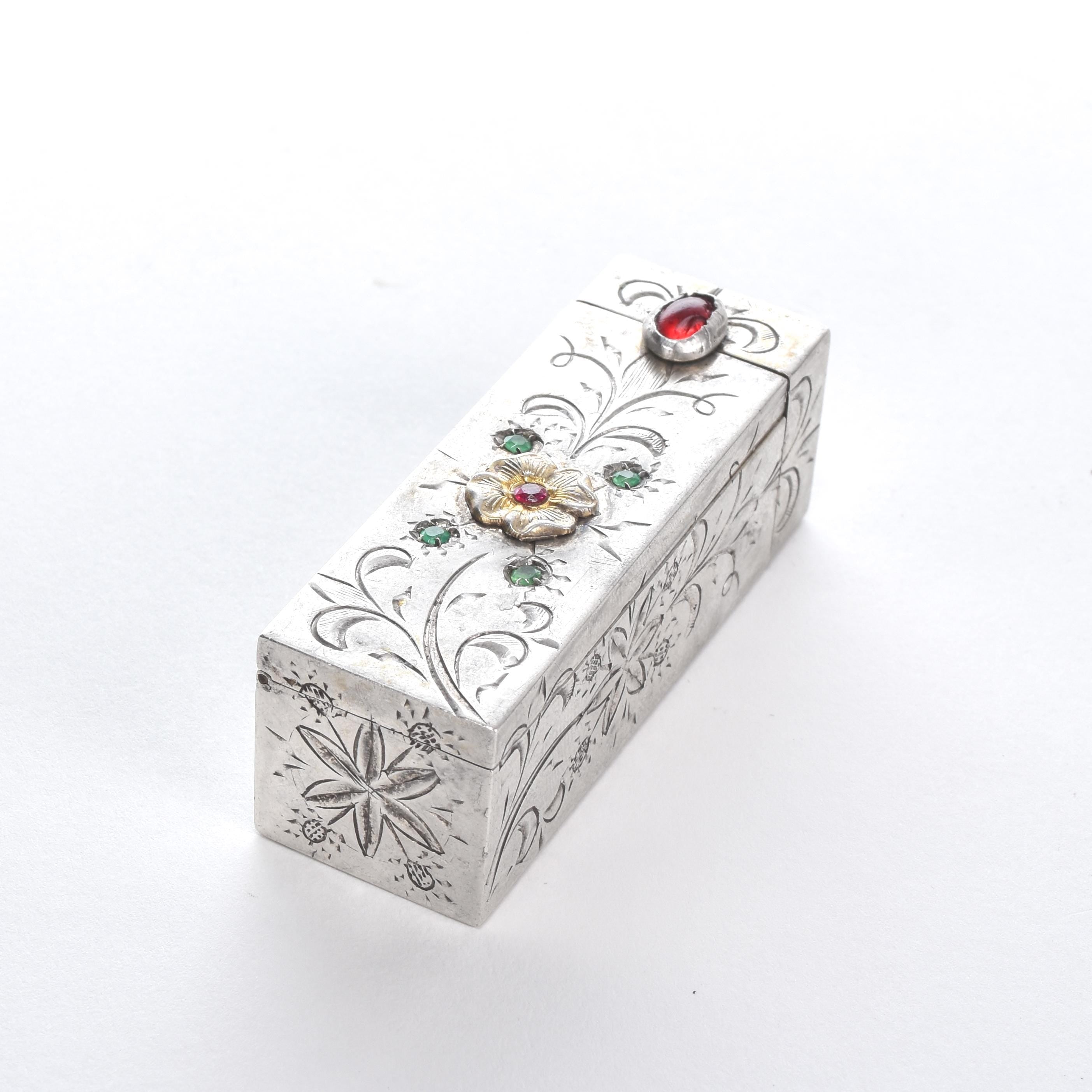 Italian 800 Silver Refillable Etched Lipstick Tube with Mirror
