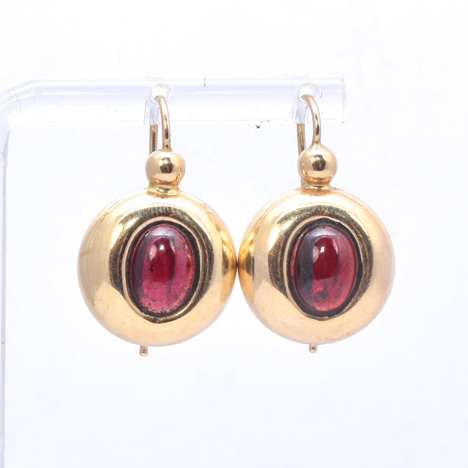 14K Gold and Garnet Cabochon Drop Earrings