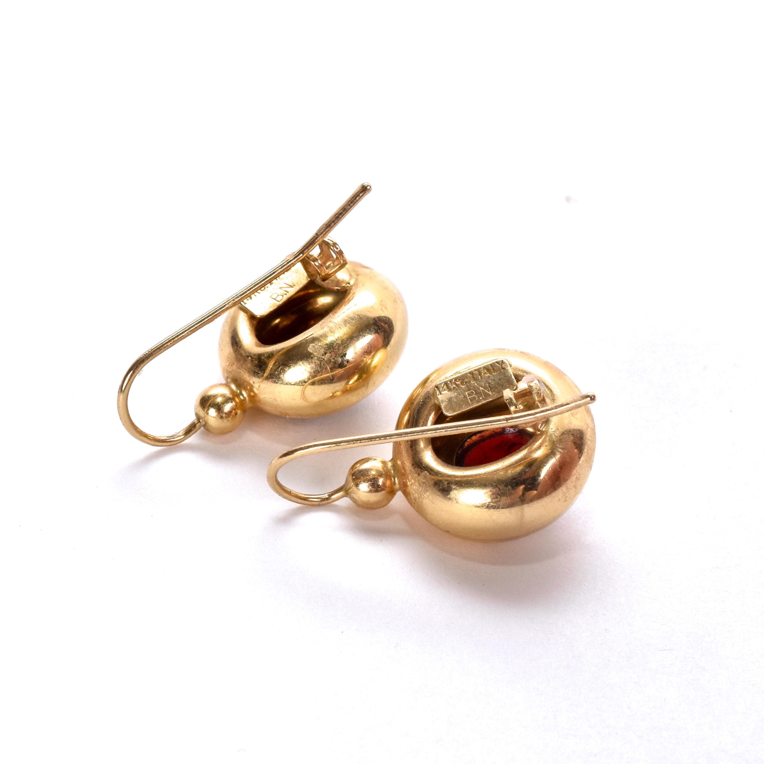 14K Gold and Garnet Cabochon Drop Earrings