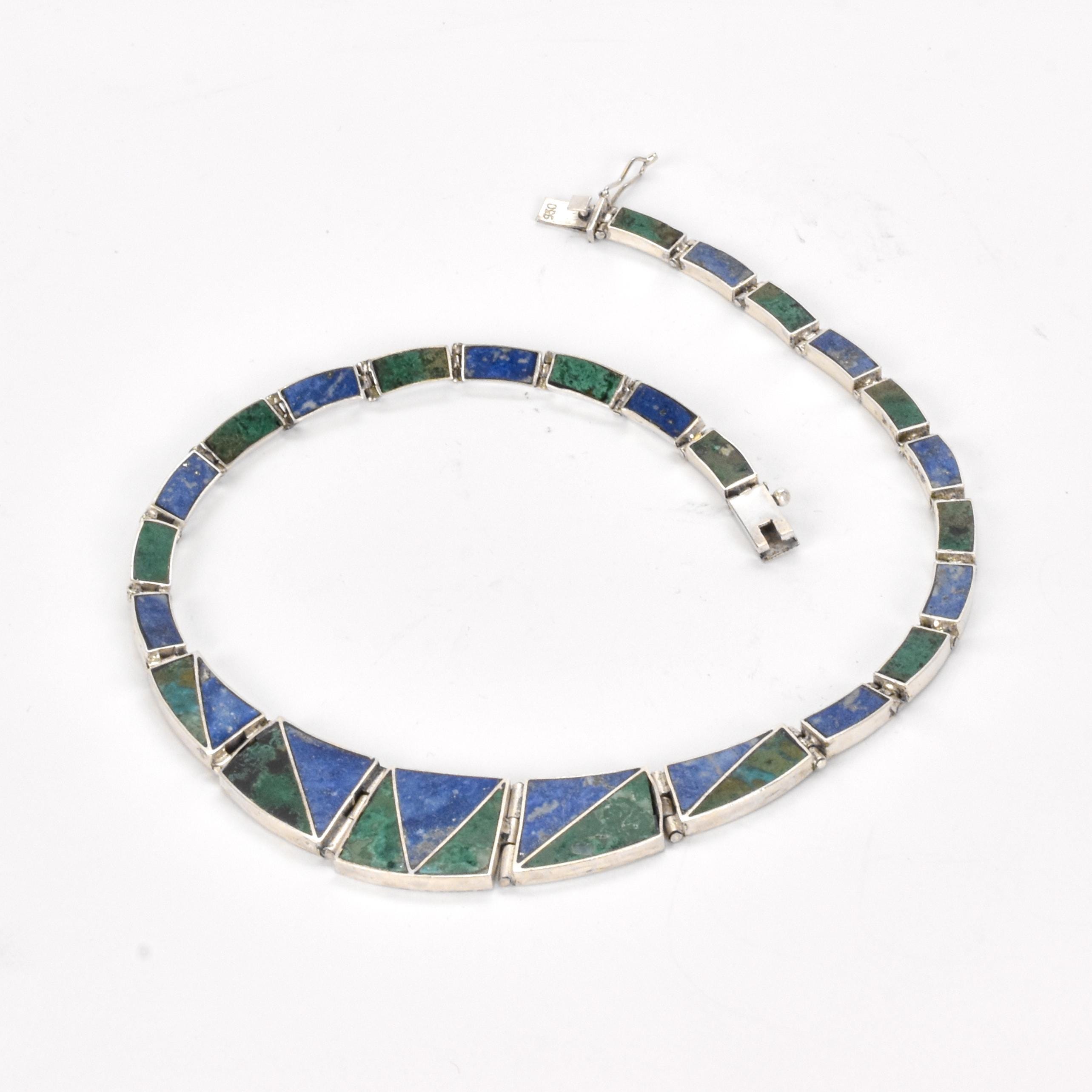 Mexican 950 Silver Malachite and Lapis Lazuli Link Necklace