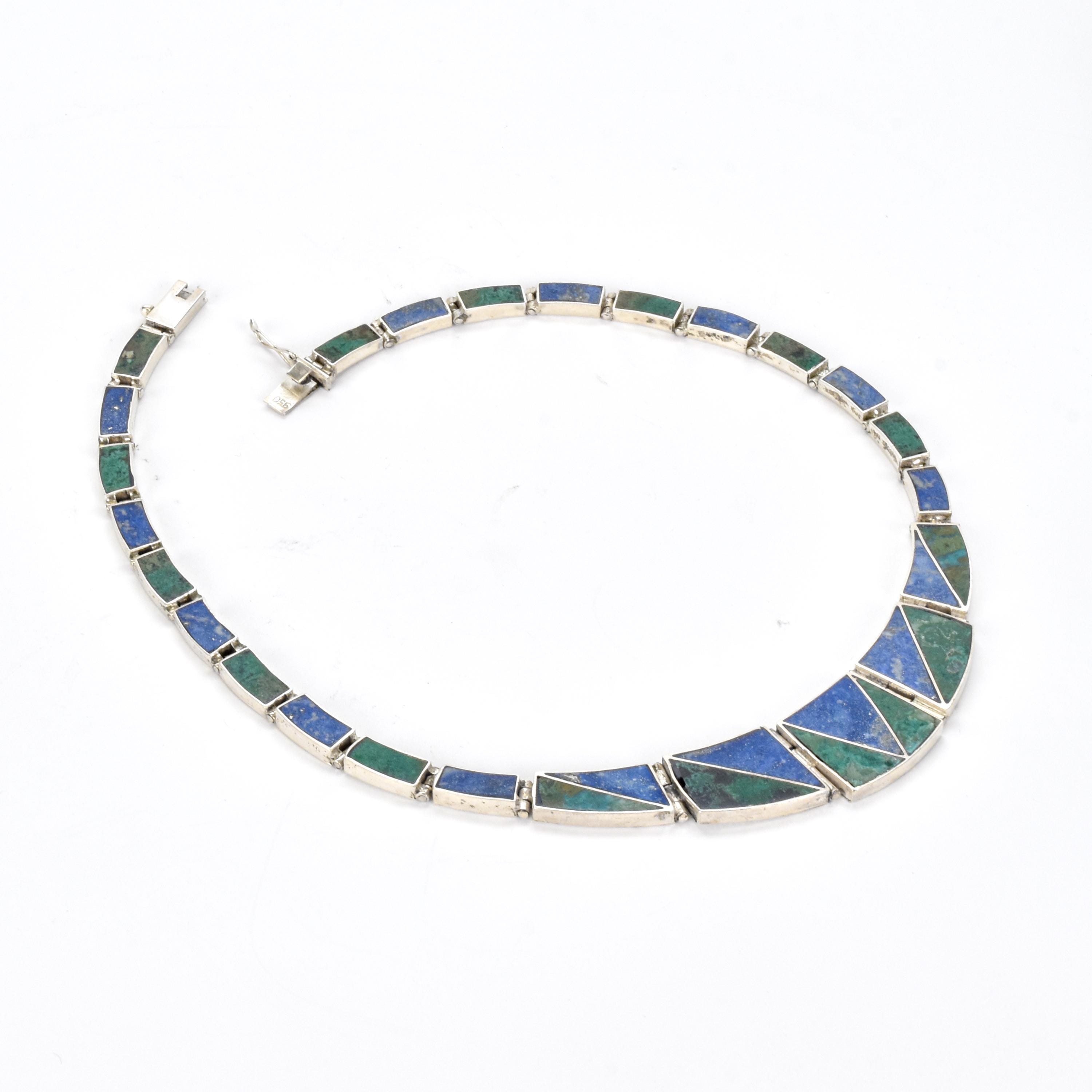 Mexican 950 Silver Malachite and Lapis Lazuli Link Necklace