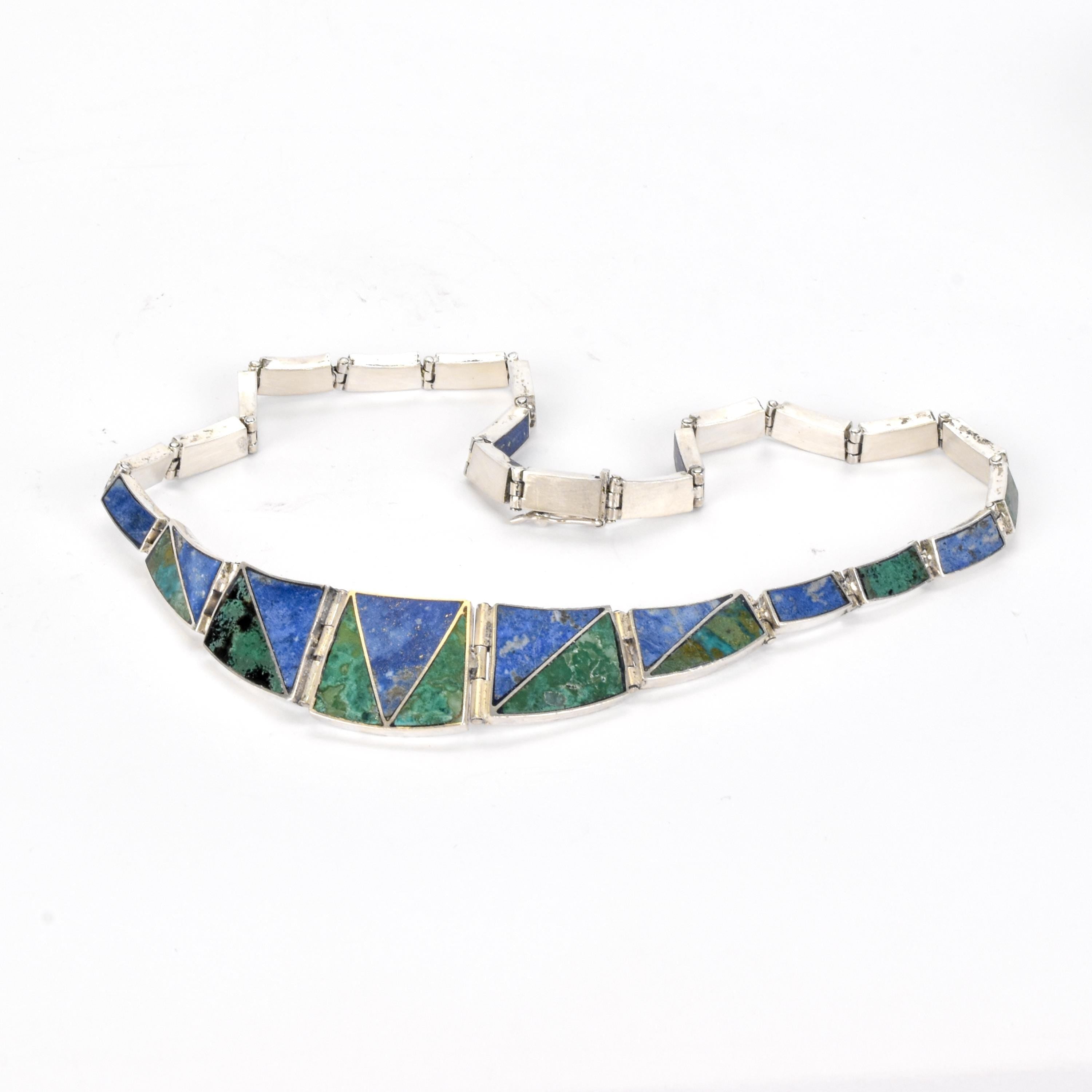 Mexican 950 Silver Malachite and Lapis Lazuli Link Necklace