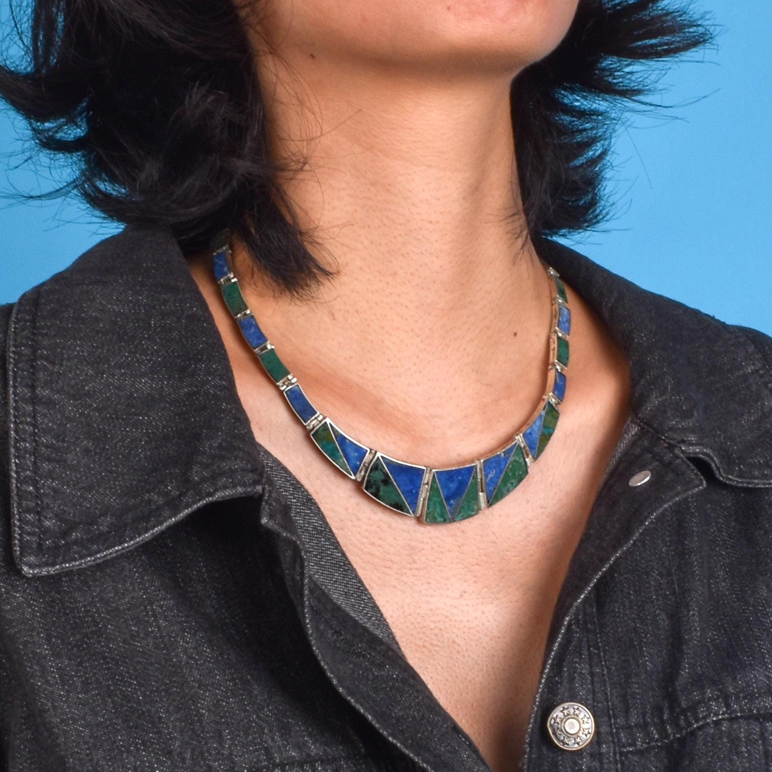 Mexican 950 Silver Malachite and Lapis Lazuli Link Necklace