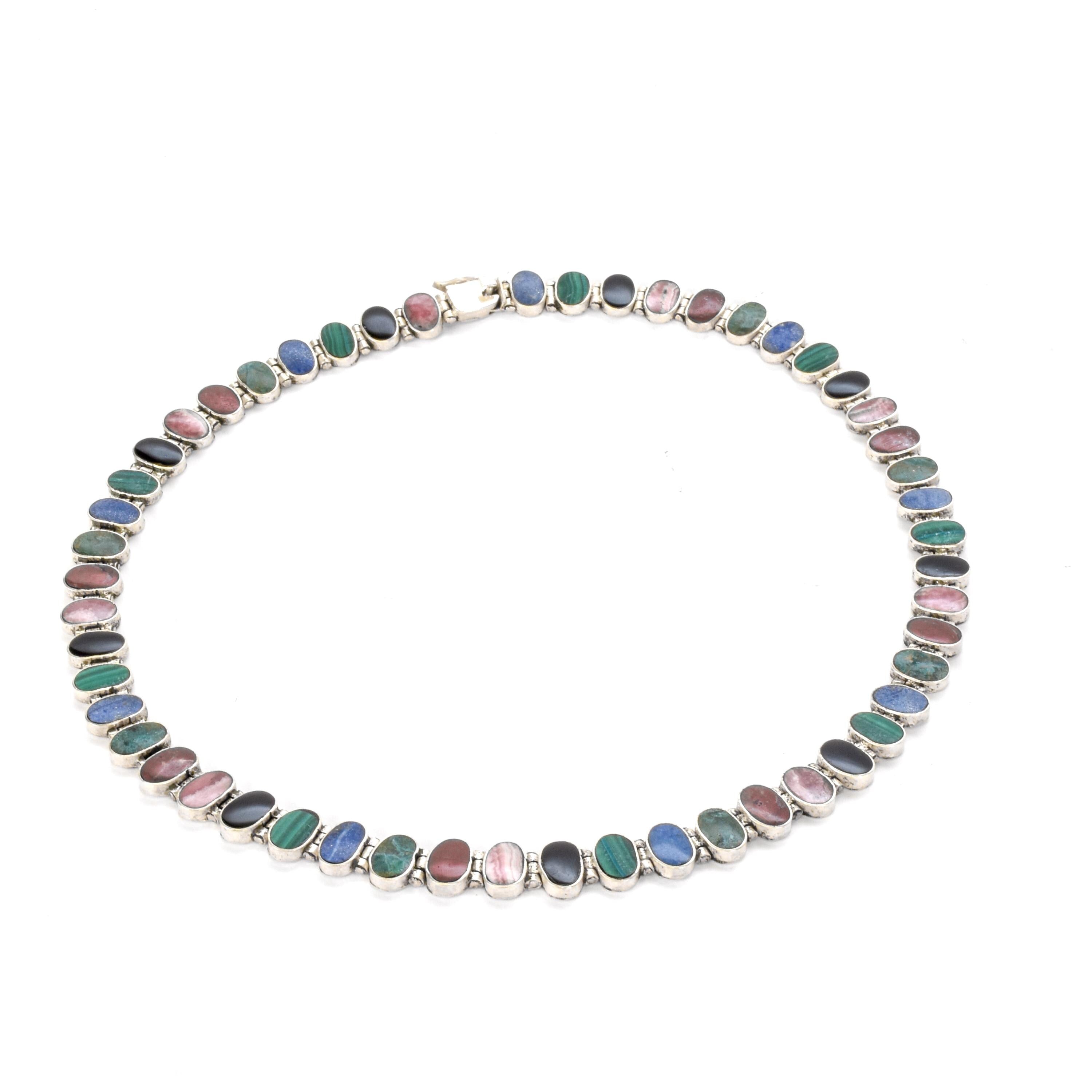 Multi-Gemstone Sterling Silver Chain Link Necklace