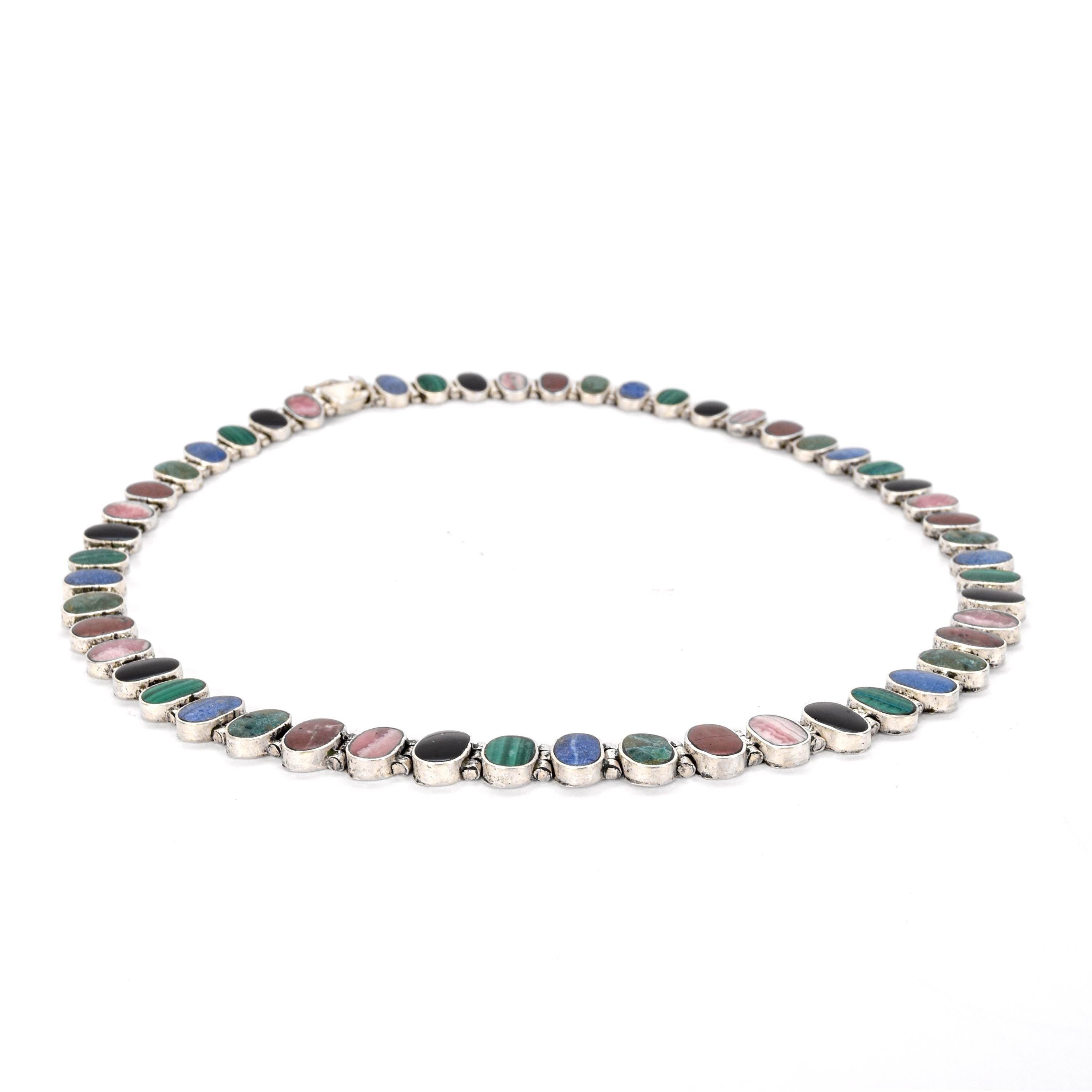 Multi-Gemstone Sterling Silver Chain Link Necklace