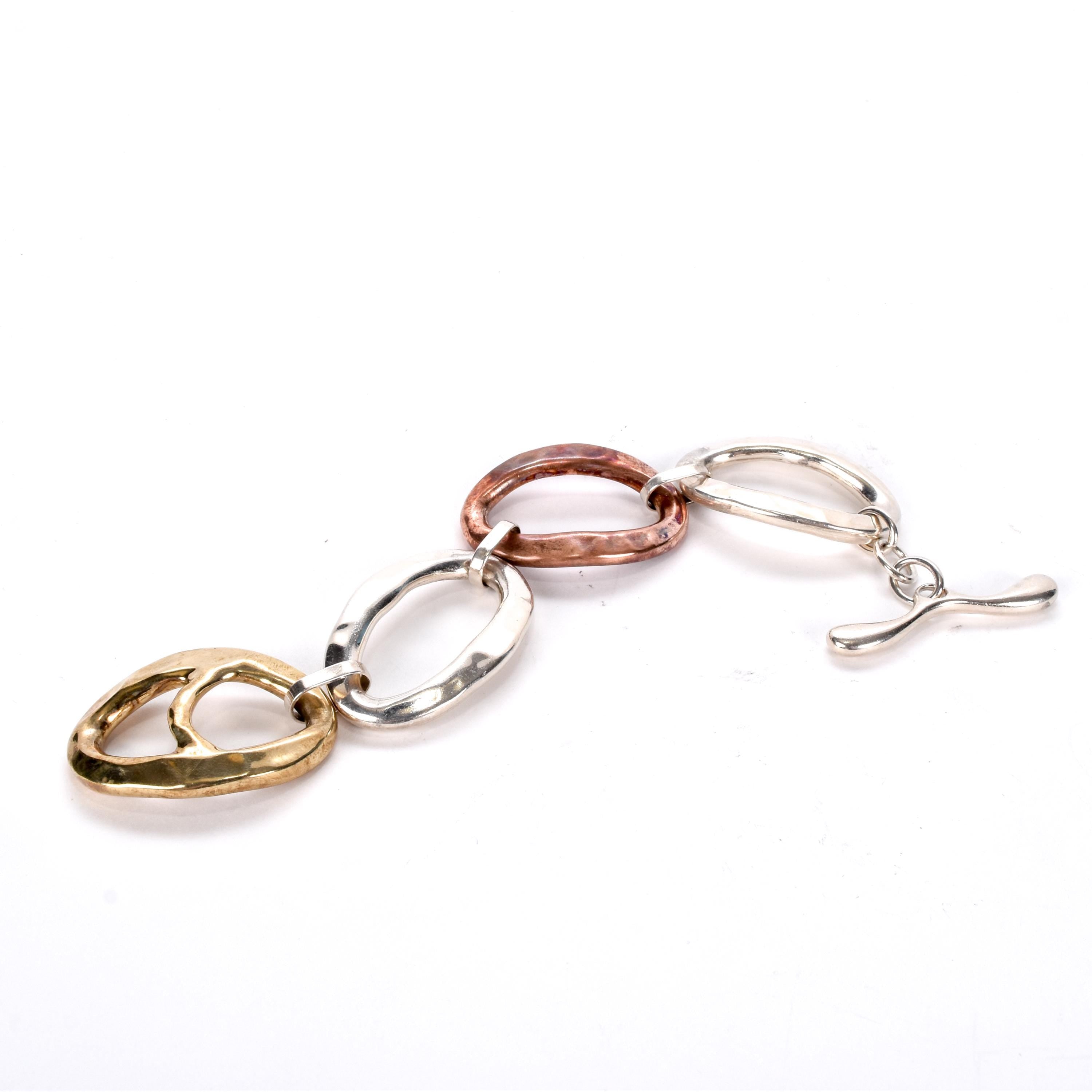 Three-Tone Silver. Brass, and Copper Chunky Link Bracelet