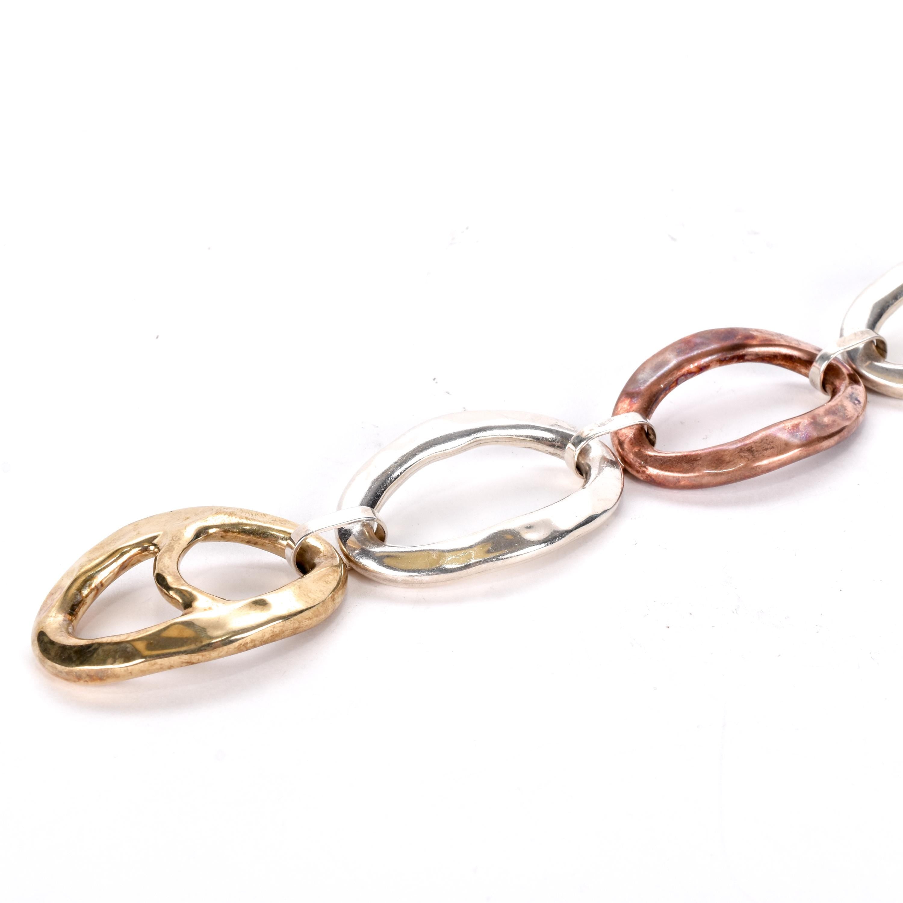 Three-Tone Silver. Brass, and Copper Chunky Link Bracelet