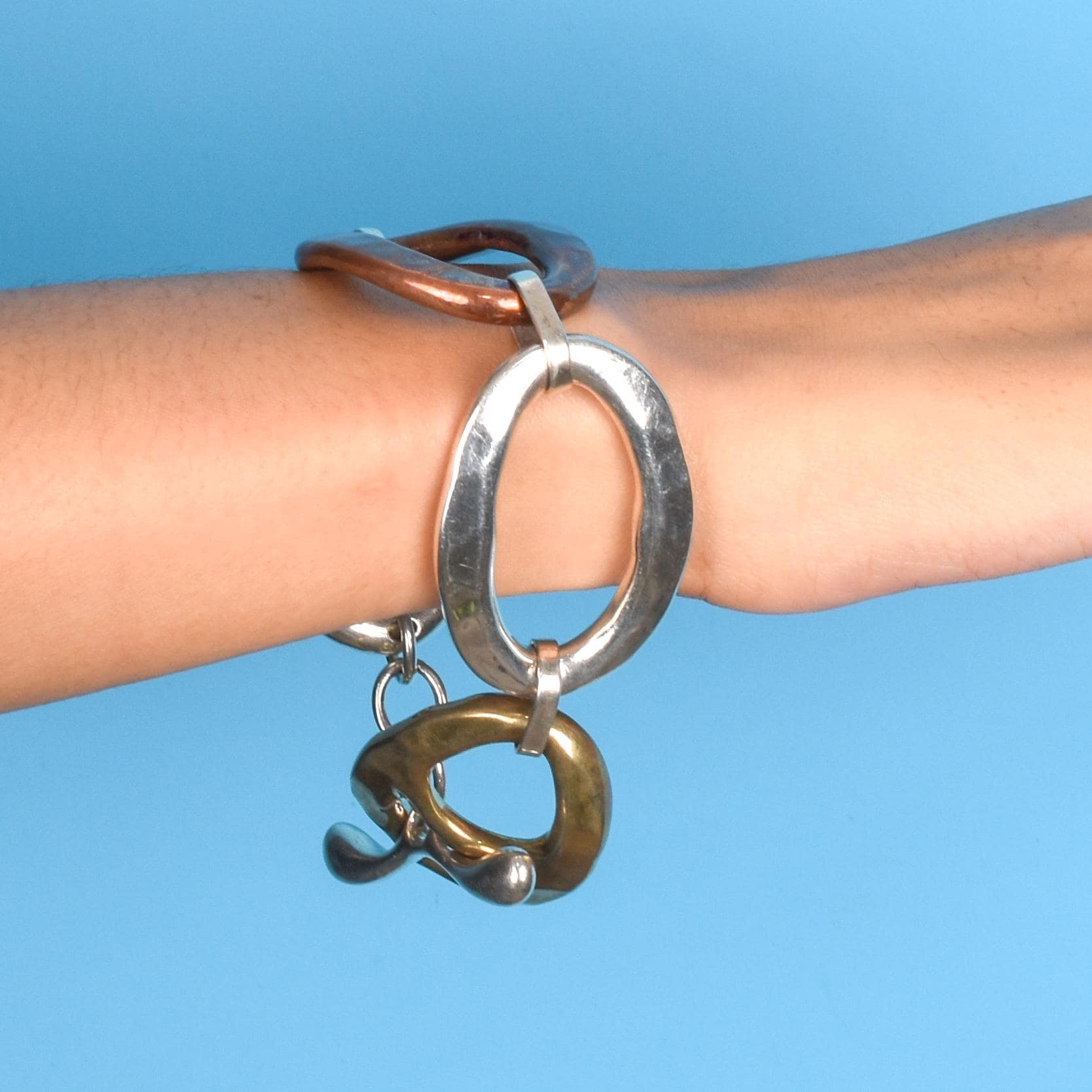Three-Tone Silver. Brass, and Copper Chunky Link Bracelet