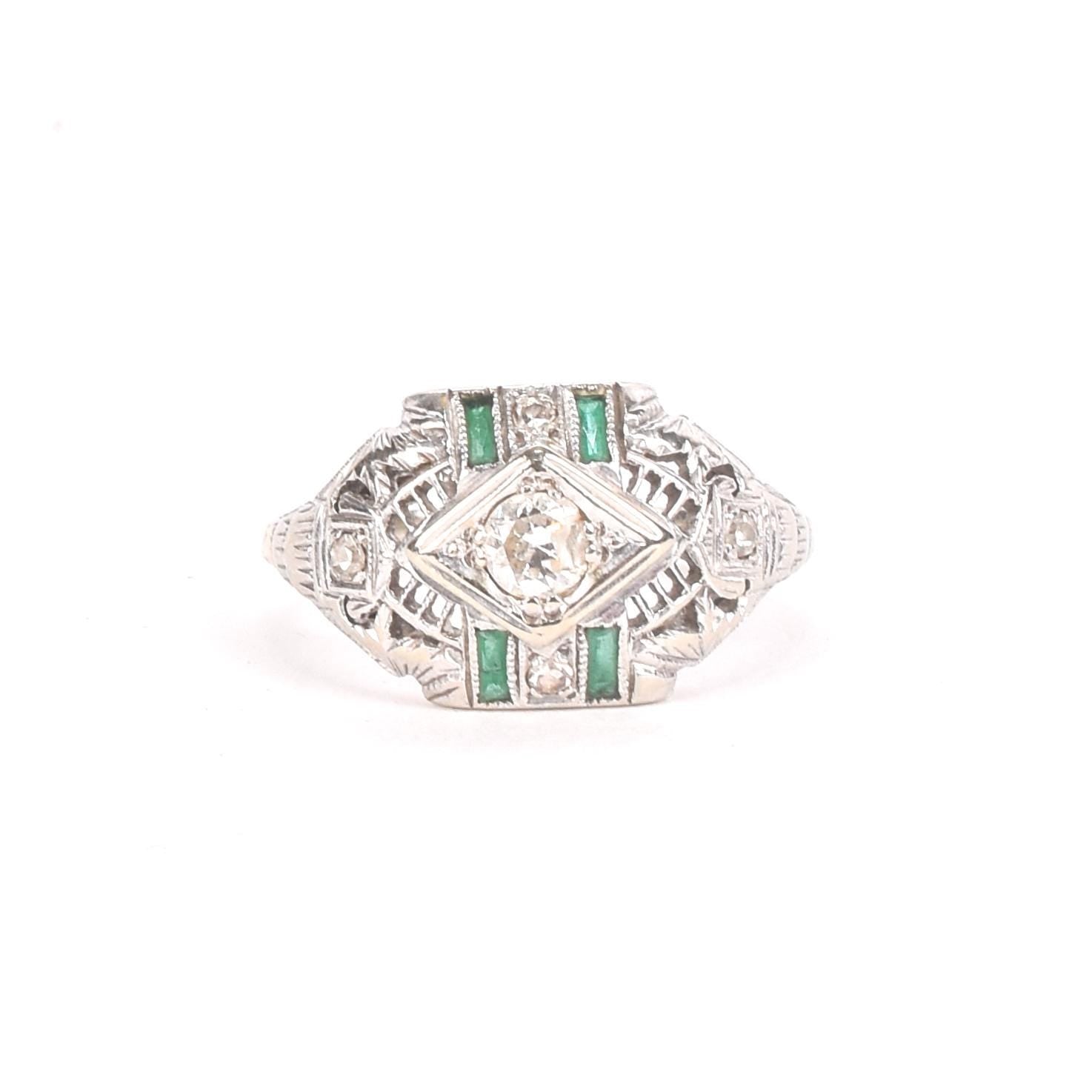 Art Deco 14K White Gold Filagree Ring with Diamonds and Emerald