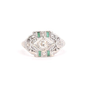 Art Deco 14K White Gold Filagree Ring with Diamonds and Emerald