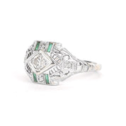 Art Deco 14K White Gold Filagree Ring with Diamonds and Emerald