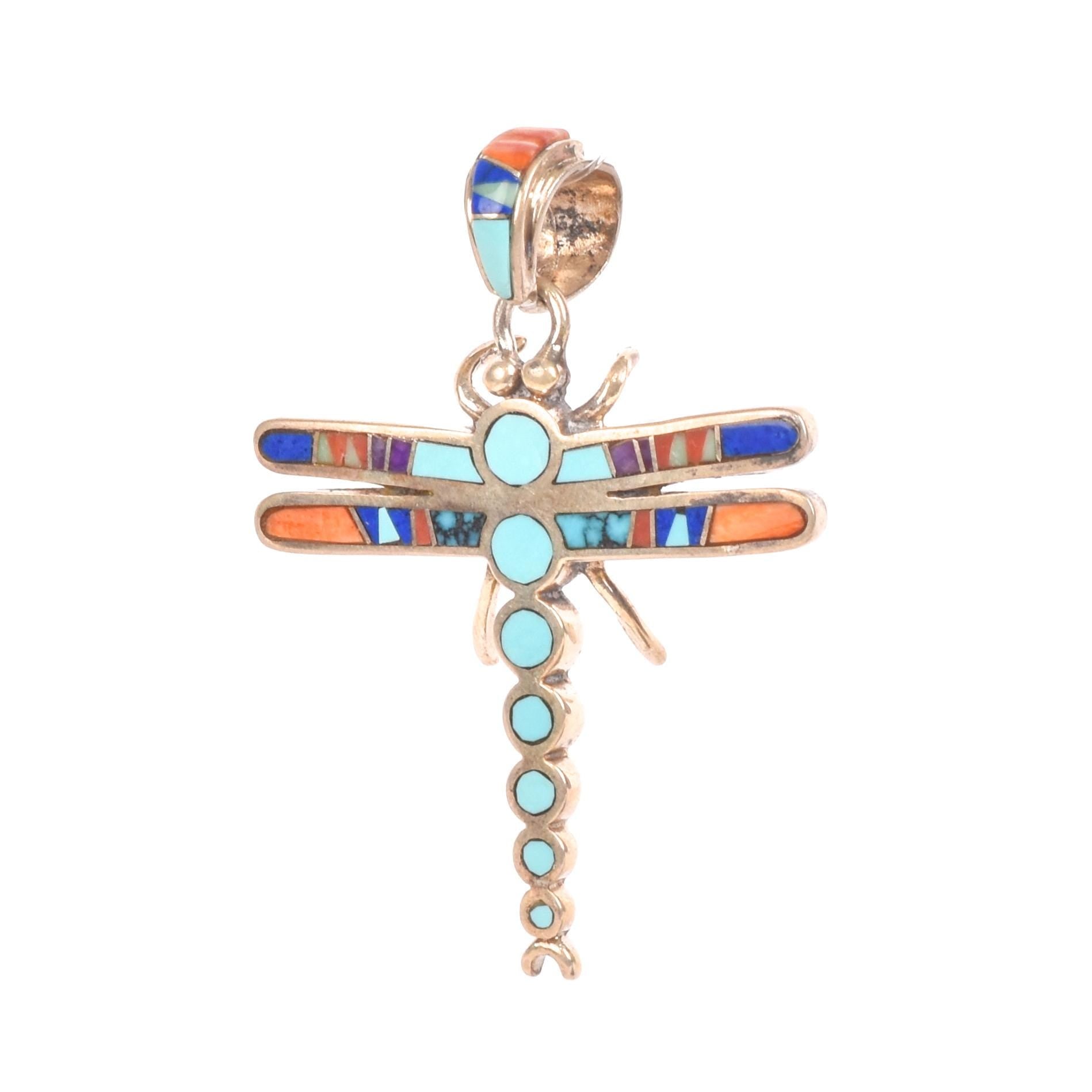 Signed Sterling Silver Dragonfly Inlay Pendant