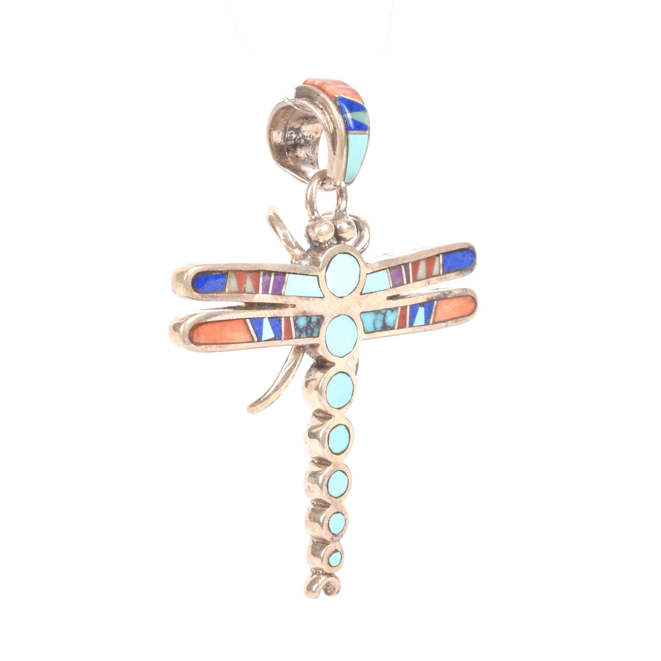 Signed Sterling Silver Dragonfly Inlay Pendant