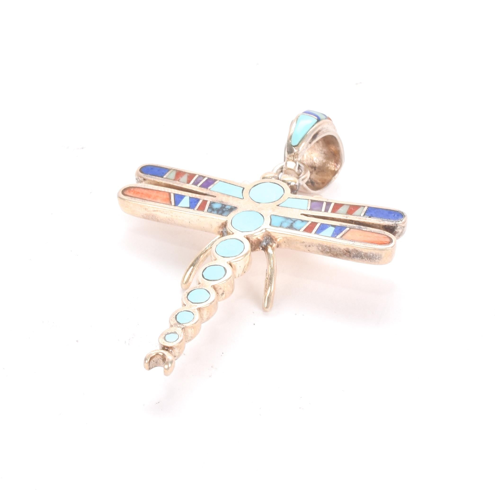 Signed Sterling Silver Dragonfly Inlay Pendant
