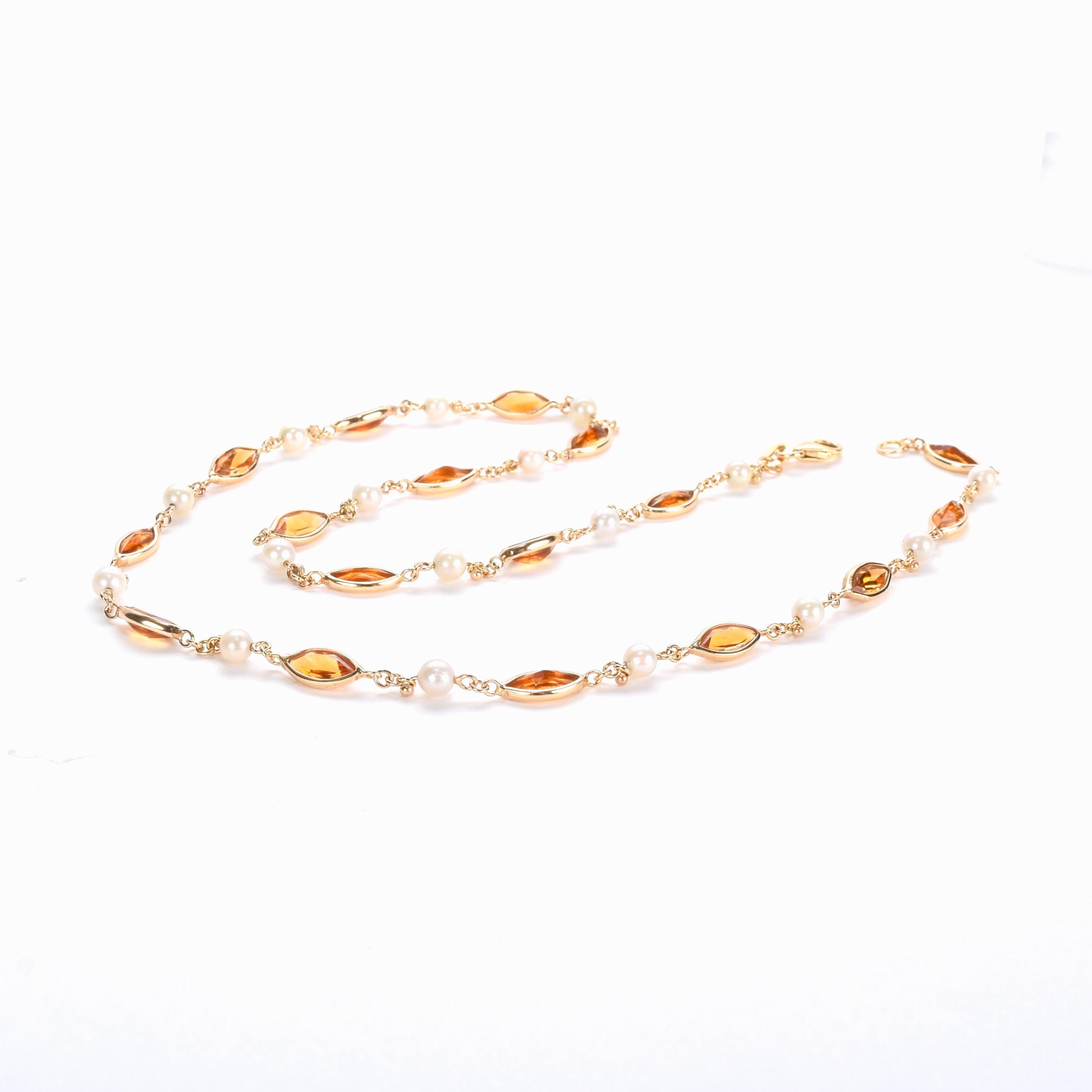 14K Gold Citrine and Pearl Beaded Necklace